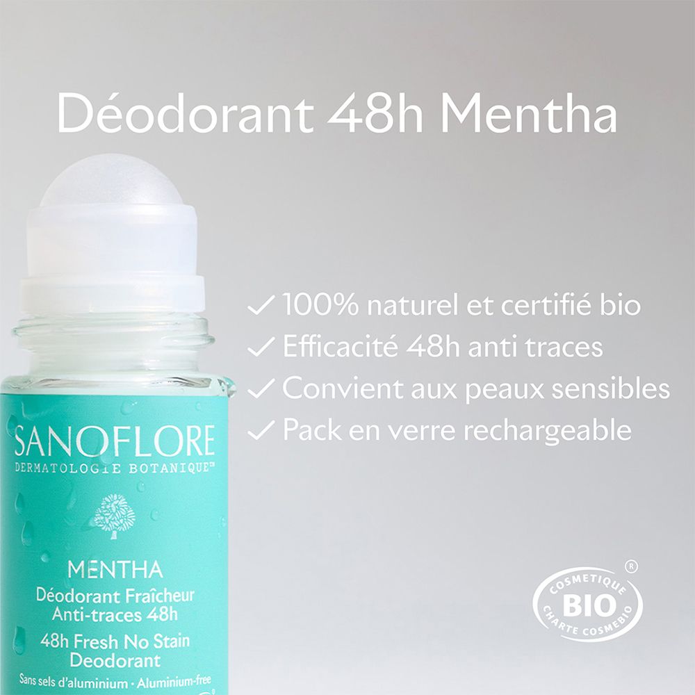 Deodorantroller met tekst: Déodorant 48h Mentha. Tekst: 100% natuurlijk, effectief, gevoelige huid, navulbaar. Bio.