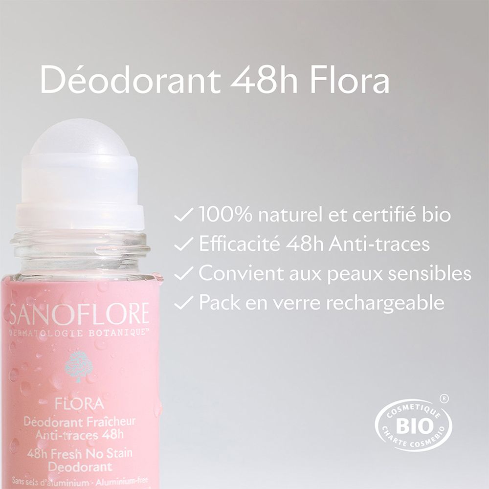 Deodorant 48h Flora. Tekst: 100% natuurlijk, bio-gecertificeerd, 48u effectief, gevoelige huid, navulbare glazen verpakking.