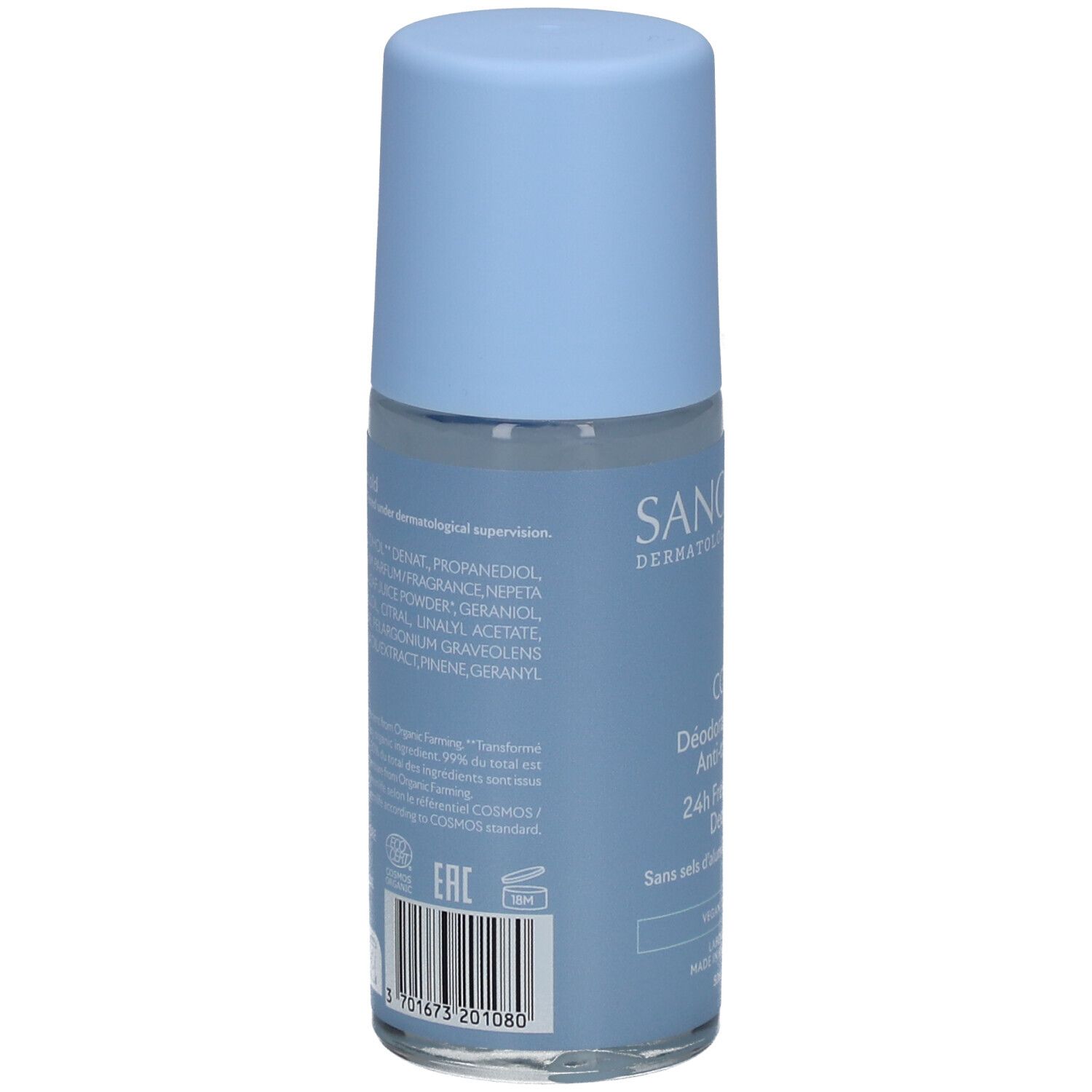 Achterkant van de lichtblauwe roll-on deodorant. Tekst: ingrediënten, COSMOS-certificering, EAN-code, fabrikantinfo.