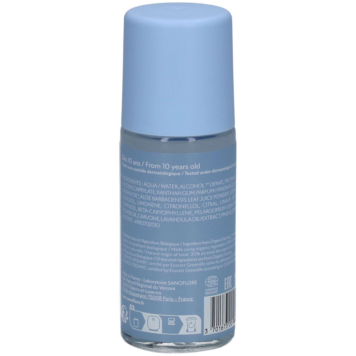 Achterkant van de lichtblauwe roll-on deodorant. Tekst: ingrediënten, COSMOS-certificering, fabrikantinfo, EAN-code.