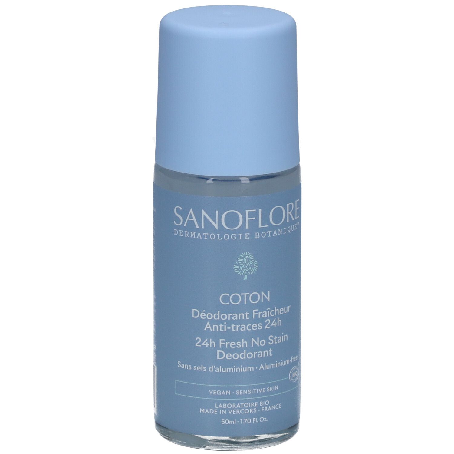 Lichtblauwe roll-on deodorant. Opschrift: SANOFLORE, COTON, 24h Fresh No Stain Deodorant. Vegan, gevoelige huid.