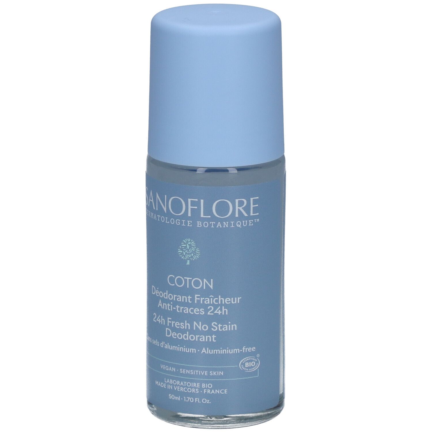 Lichtblauwe roll-on deodorant. Opschrift: SANOFLORE, COTON, 24h Fresh No Stain Deodorant. Vegan, gevoelige huid.