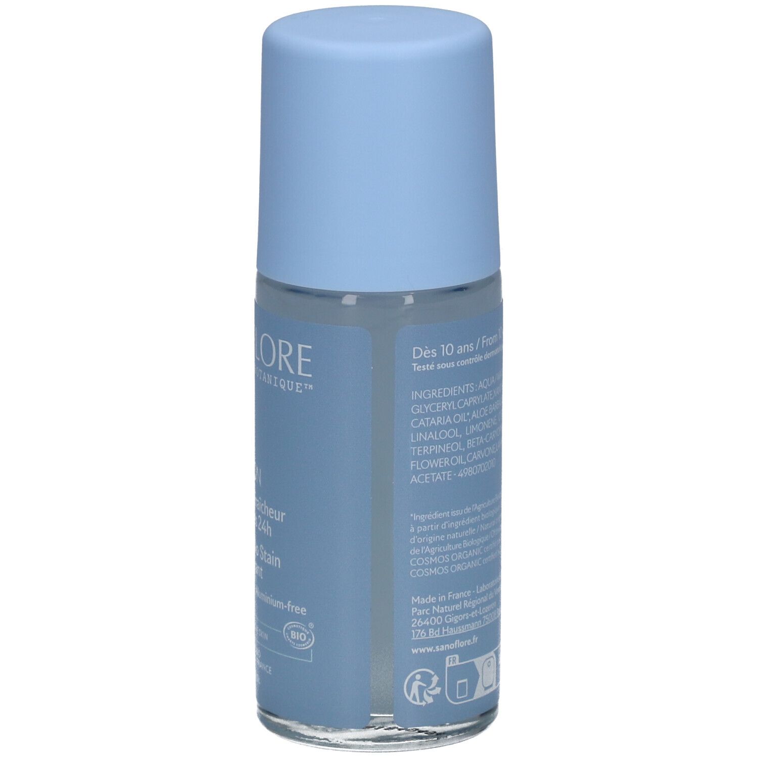 Achterkant van de lichtblauwe roll-on deodorant. Tekst: ingrediënten, COSMOS-certificering, fabrikantinfo, EAN-code.