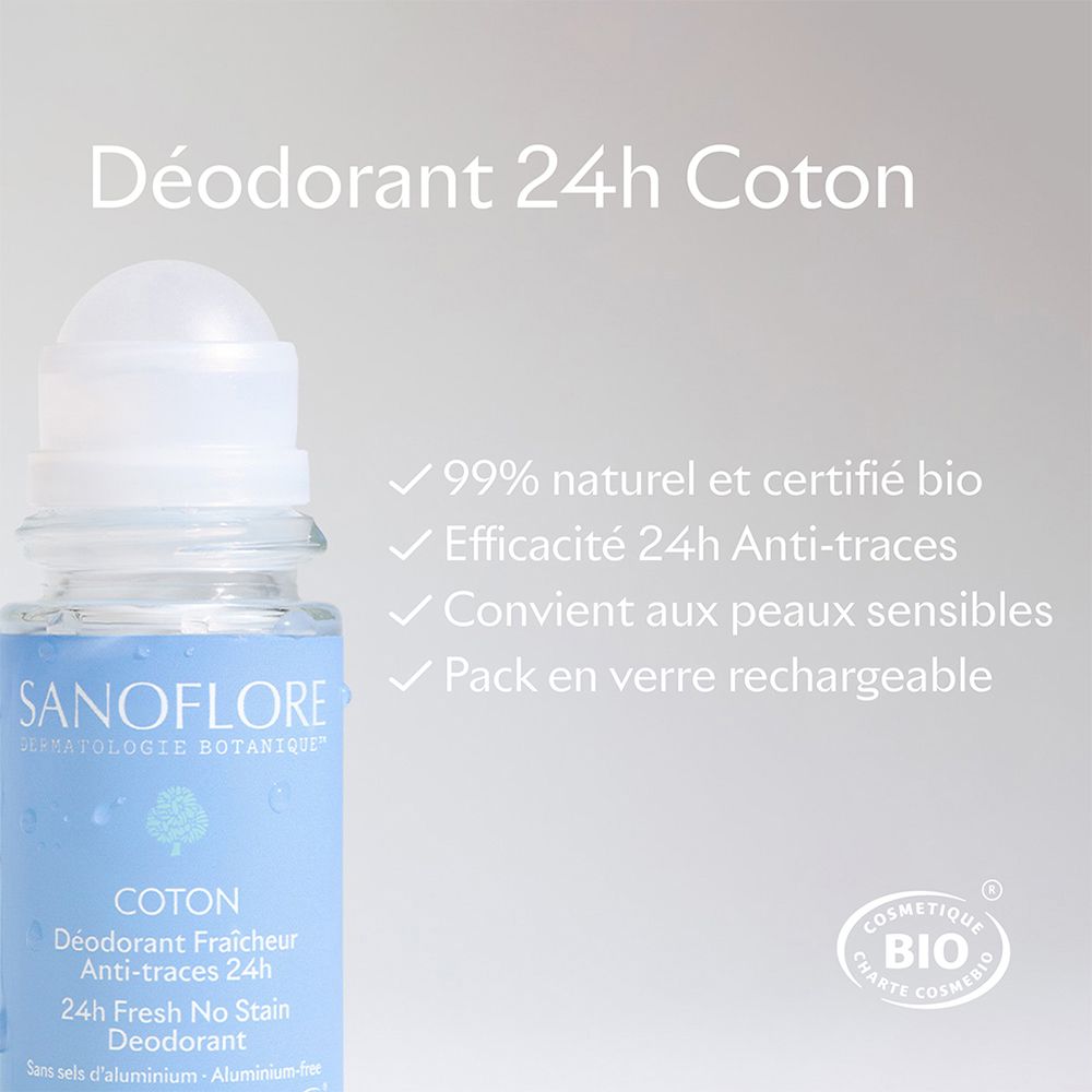 Deodorant 24h Coton. Tekst: 99% natuurlijk en bio-gecertificeerd, 24u anti-vlekken, geschikt voor gevoelige huid, glazen fles.