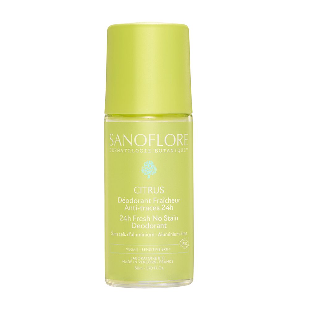 Groene deodorantroller met gele dop. Opschrift: Sanoflore, Citrus, 24H Fresh No Stain Deodorant. Vegan, gevoelige huid.
