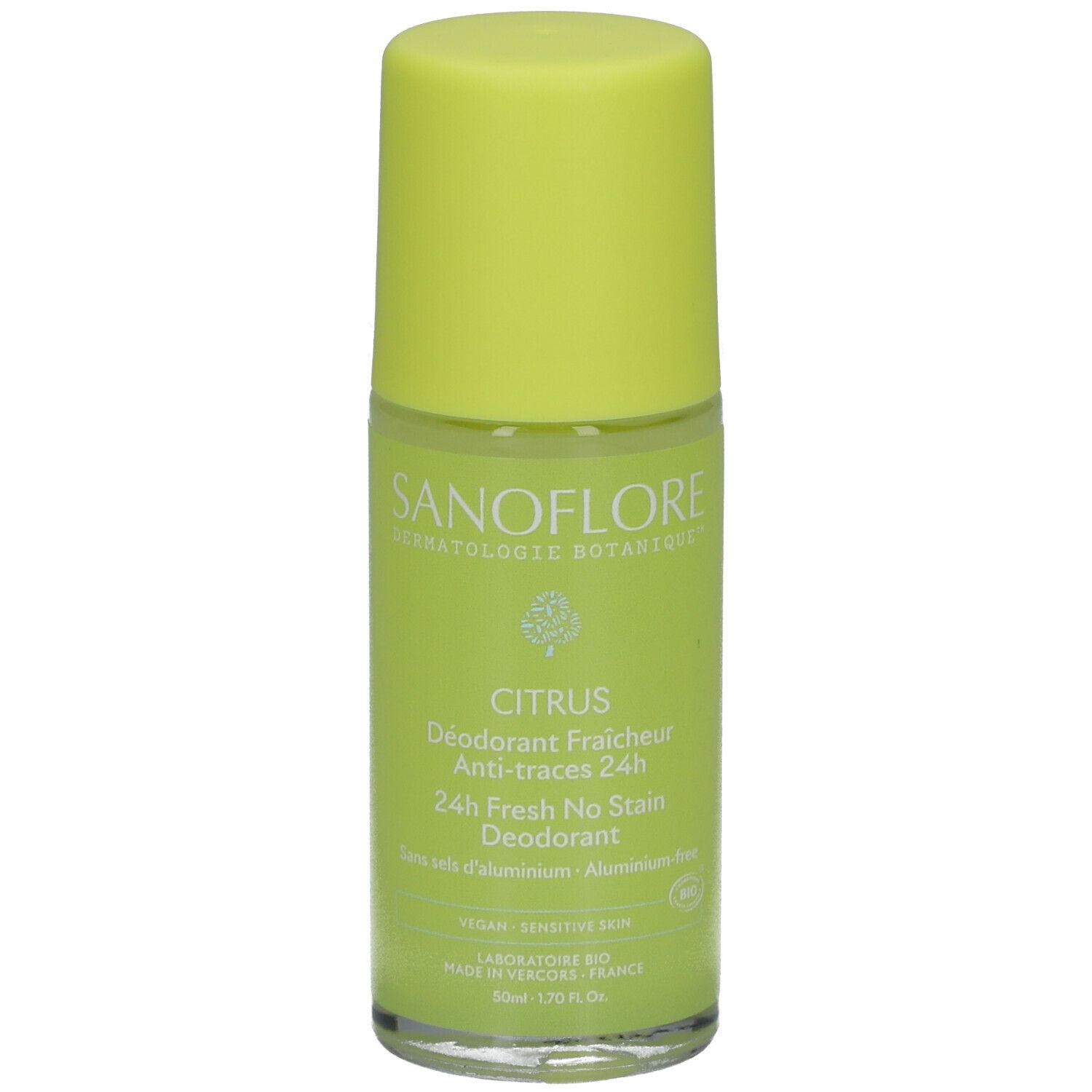 Déodorant roll-on avec bouchon jaune. Inscription: SANOFLORE, CITRUS, 24h Fresh No Stain Deodorant. Vegan, peau sensible.