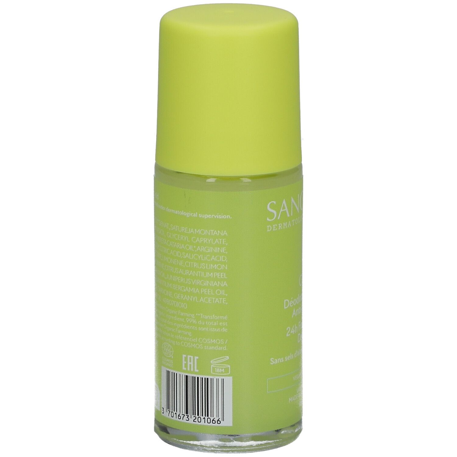 Dos du déodorant roll-on. Inscriptions: ingrédients, code EAN, logo. Fond vert.