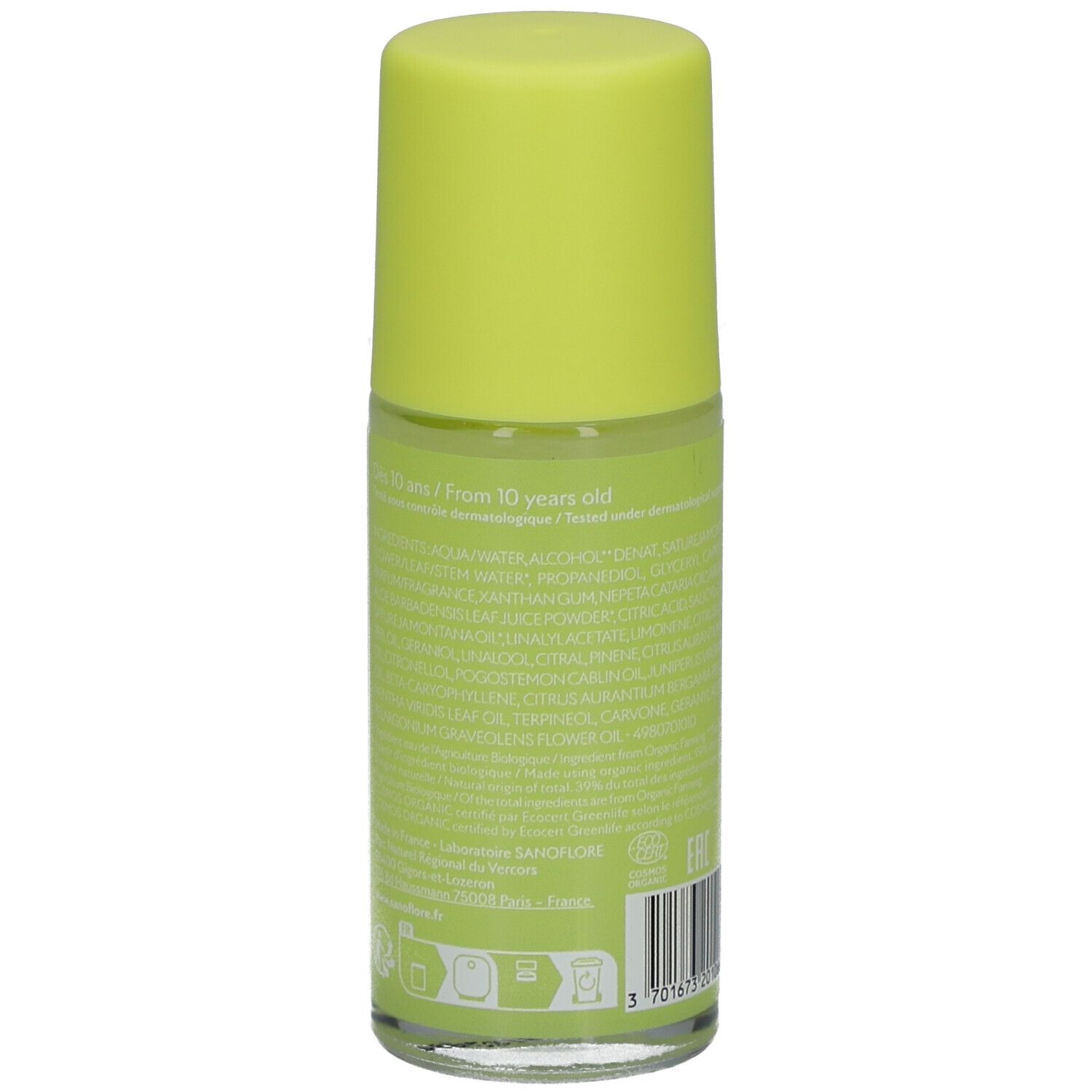 Dos du déodorant roll-on. Inscriptions: ingrédients, logo. Fond vert.