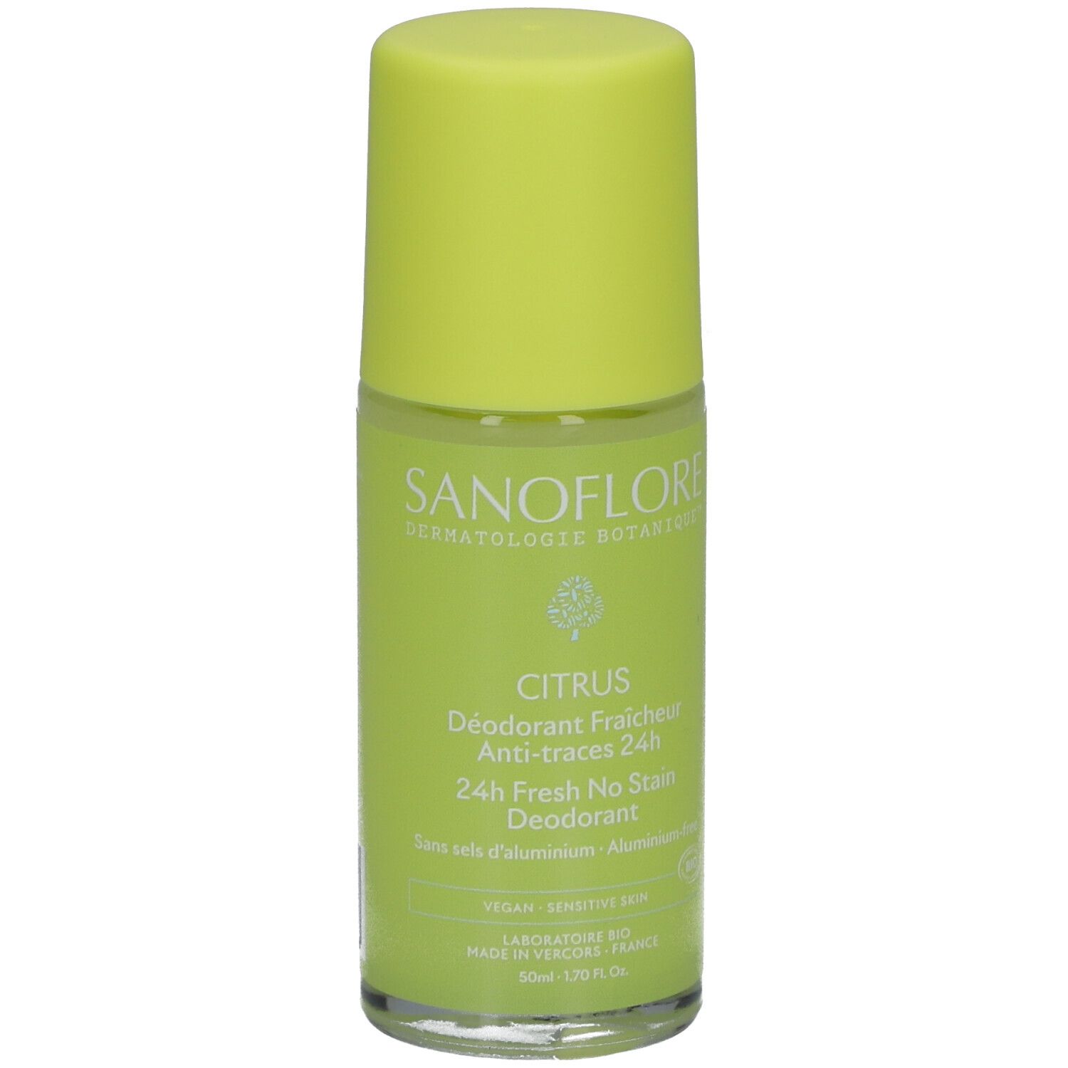 Déodorant roll-on avec bouchon jaune. Inscription: SANOFLORE, CITRUS, 24h Fresh No Stain Deodorant. Vegan, peau sensible.