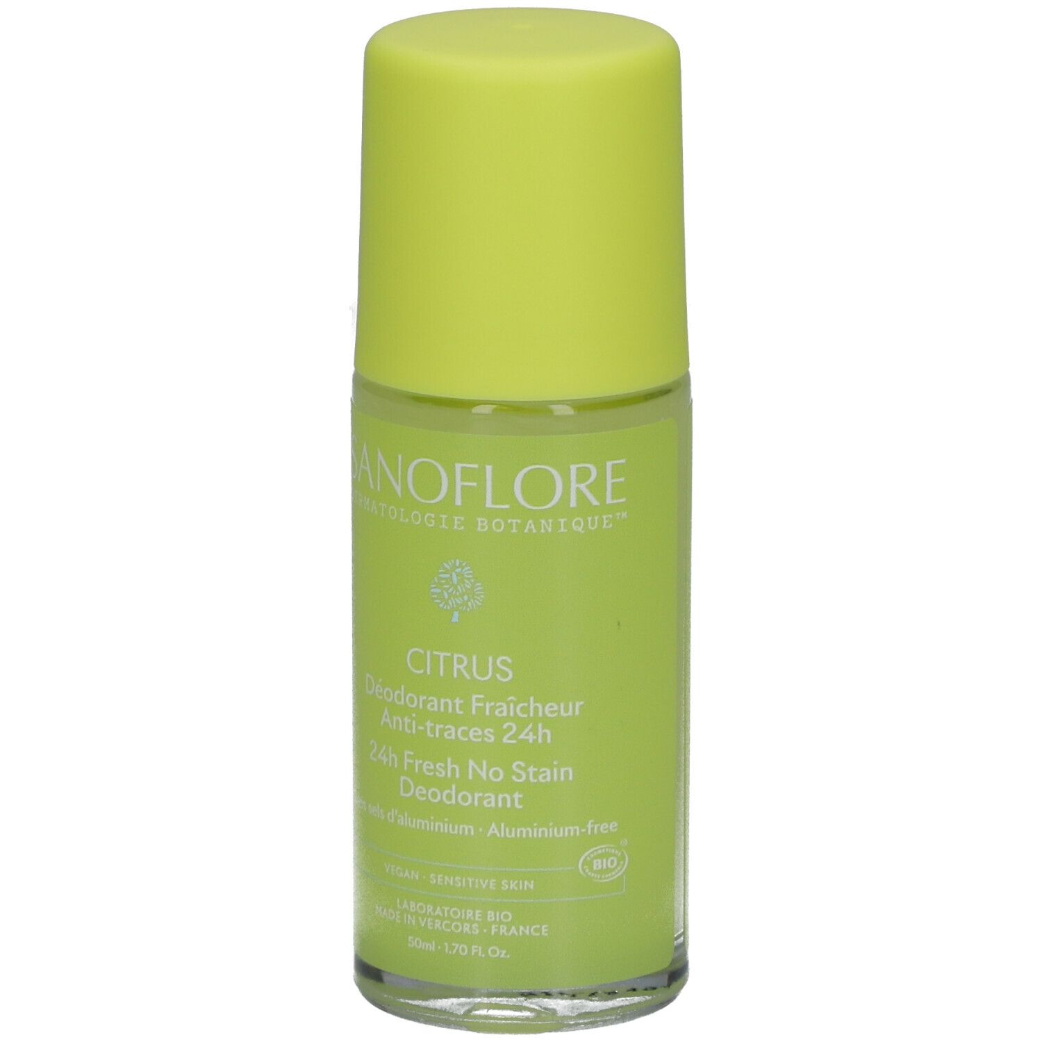 Déodorant roll-on avec bouchon jaune. Inscription: SANOFLORE, CITRUS, 24h Fresh No Stain Deodorant. Vegan, peau sensible.