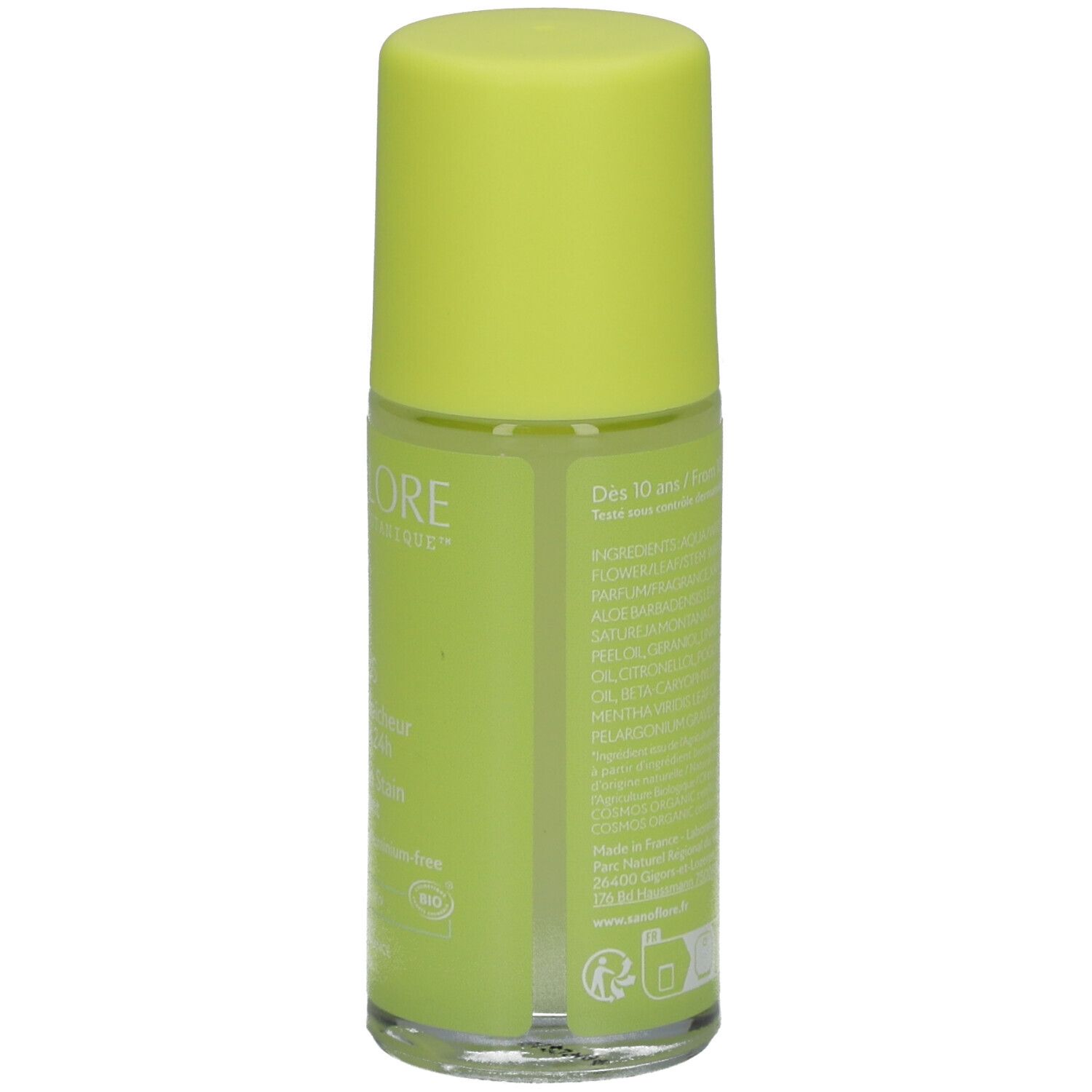 Dos du déodorant roll-on. Inscriptions: ingrédients, logo. Fond vert.