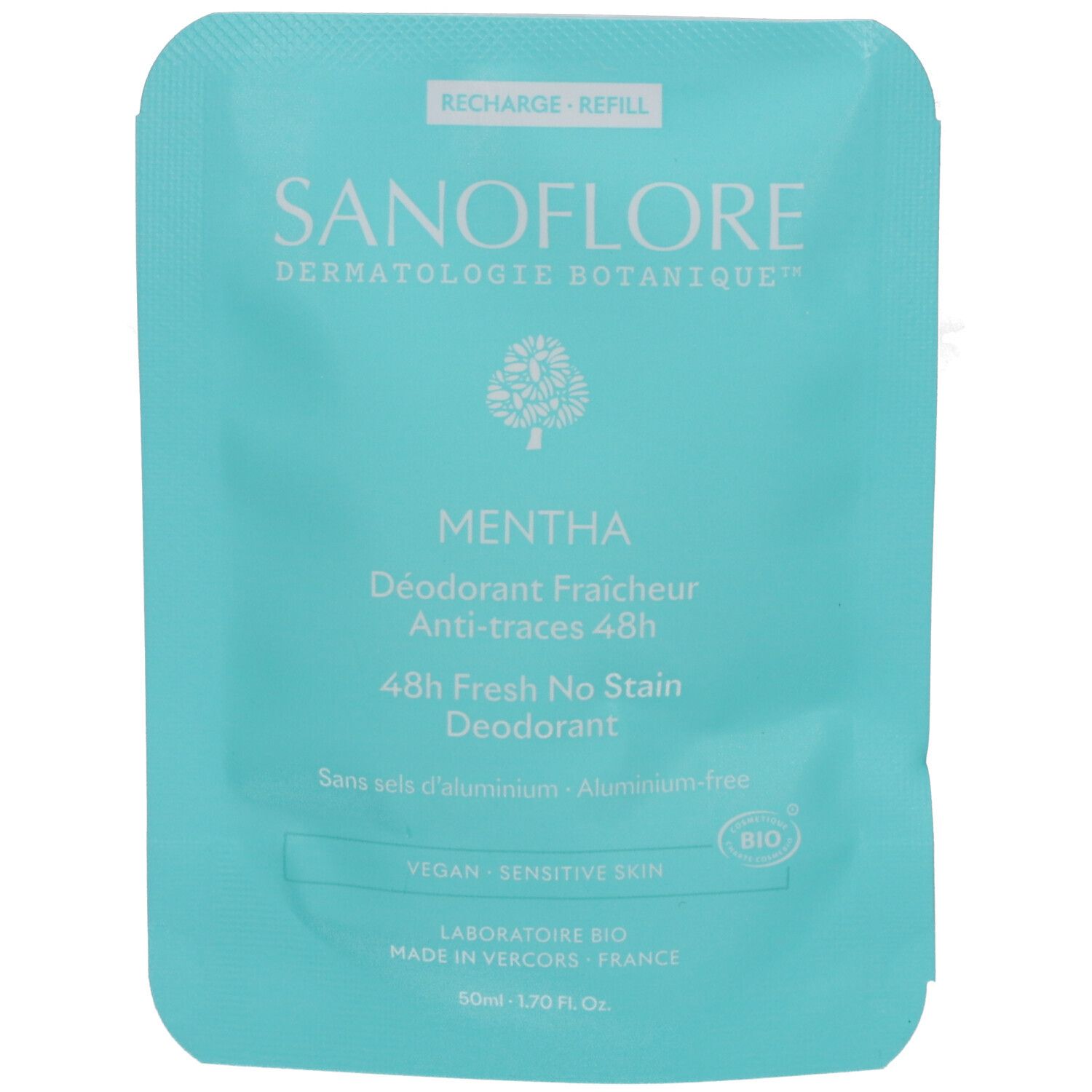 Turquoise navulling. Tekst: SANOFLORE, Mentha, Deodorant 48h. Zonder aluminiumzouten. Vegan, gevoelige huid. Bio-label. 50ml.