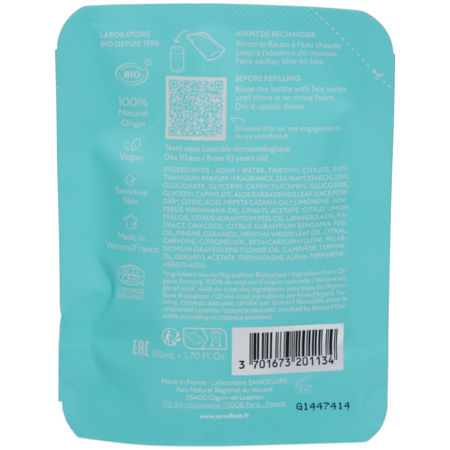 Achterkant navulling. Tekst: Laboratoire Bio. QR-code. 100% natuurlijke oorsprong. Ingrediënten. 50ml. Bio-label. EAN-code.