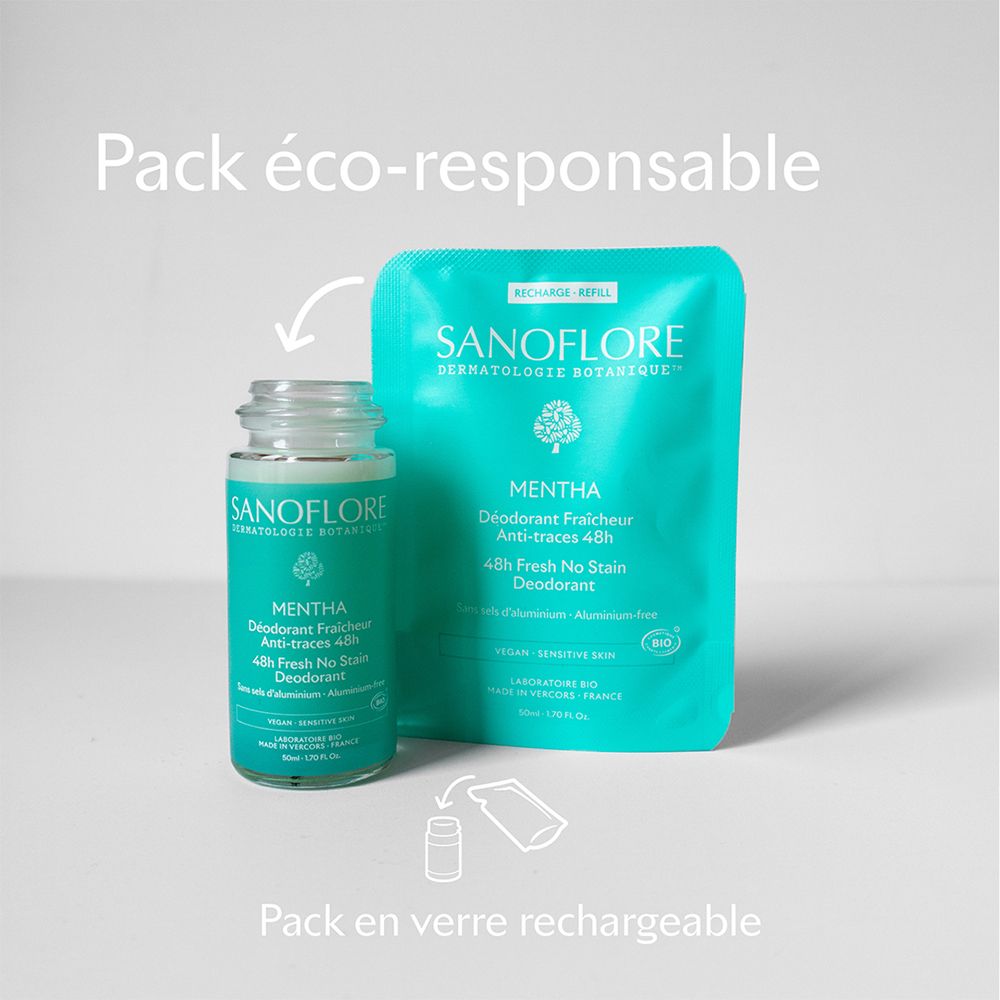 Ensemble produit : recharge et flacon roll-on. Sanoflore, Mentha déodorant. Emballage éco-responsable. Flacon rechargeable en verre.