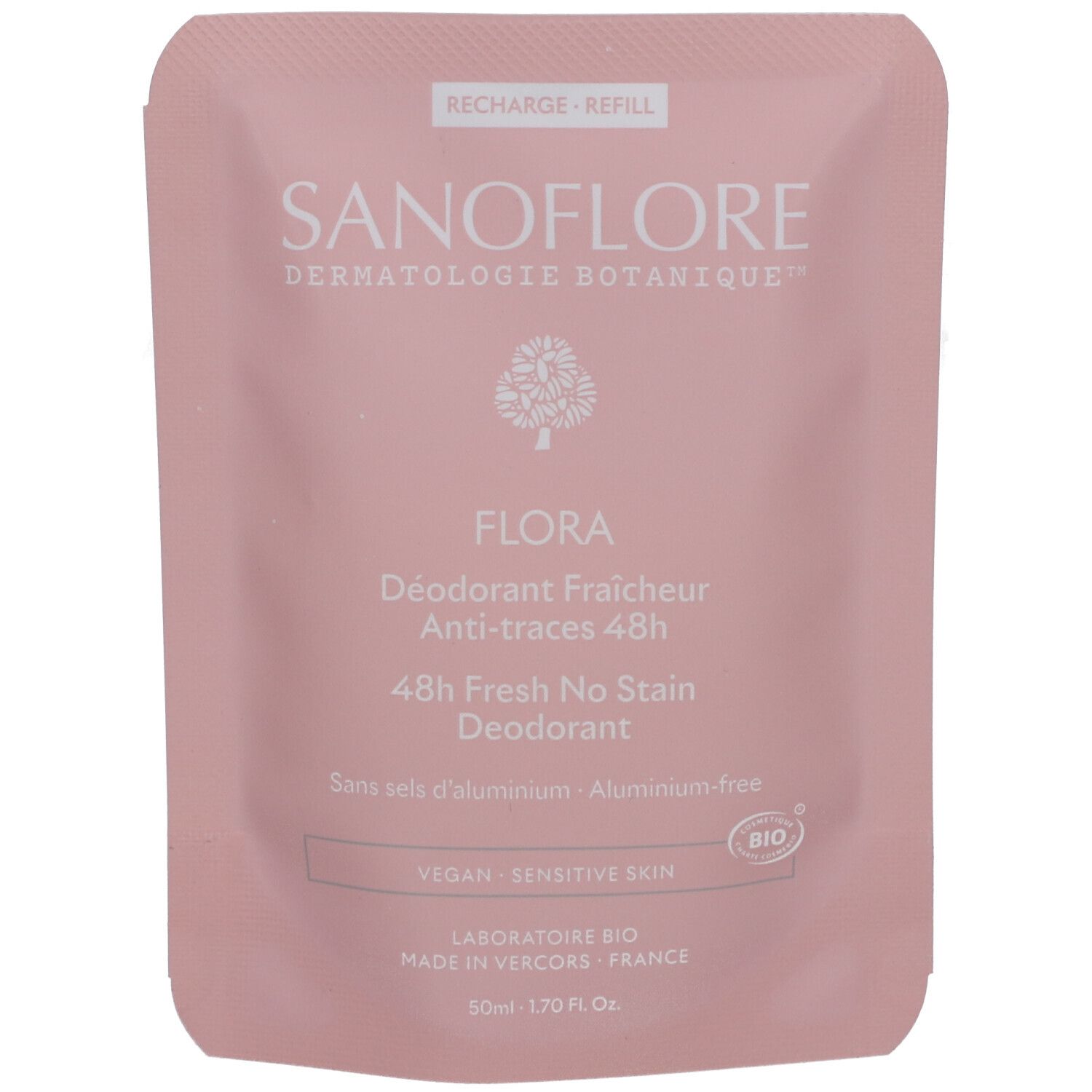 Recharge rose. Texte: SANOFLORE, Flora, Déodorant Fraîcheur 48h. Sans sels d'aluminium. Certifié bio. Vegan. Peaux sensibles.