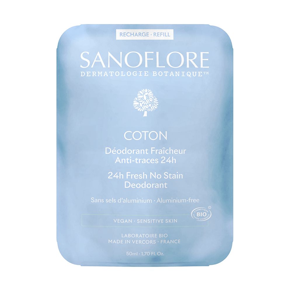 Recharge Sanoflore Bio-Deo Coton. Emballage bleu clair, rectangulaire, avec informations produit et logo.