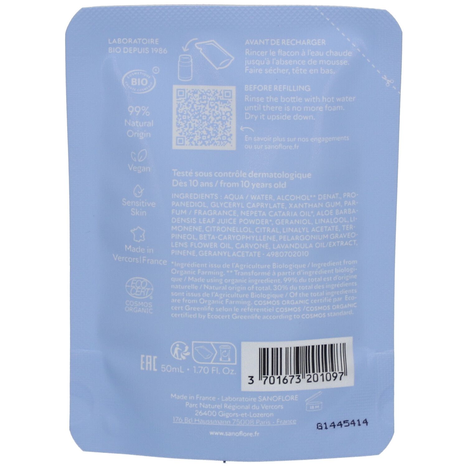 Dos de la recharge. Texte: Laboratoire Bio, 99% d'origine naturelle, vegan, sensitive skin. Code QR et code-barres.