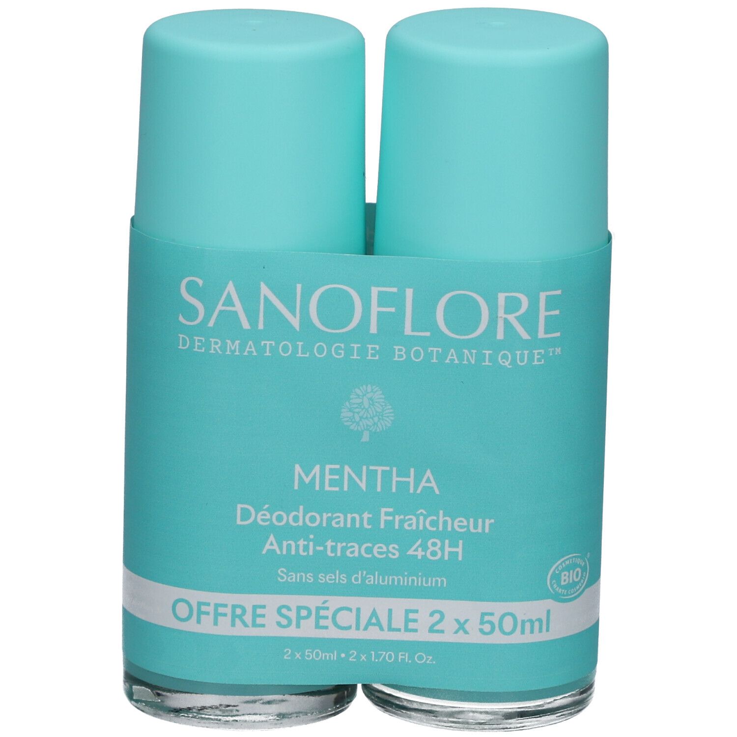 Twee turquoise deodorantrollers. Opschrift: SANOFLORE, MENTHA, 48H, Anti-traces. Bio-label. Offre Spéciale.