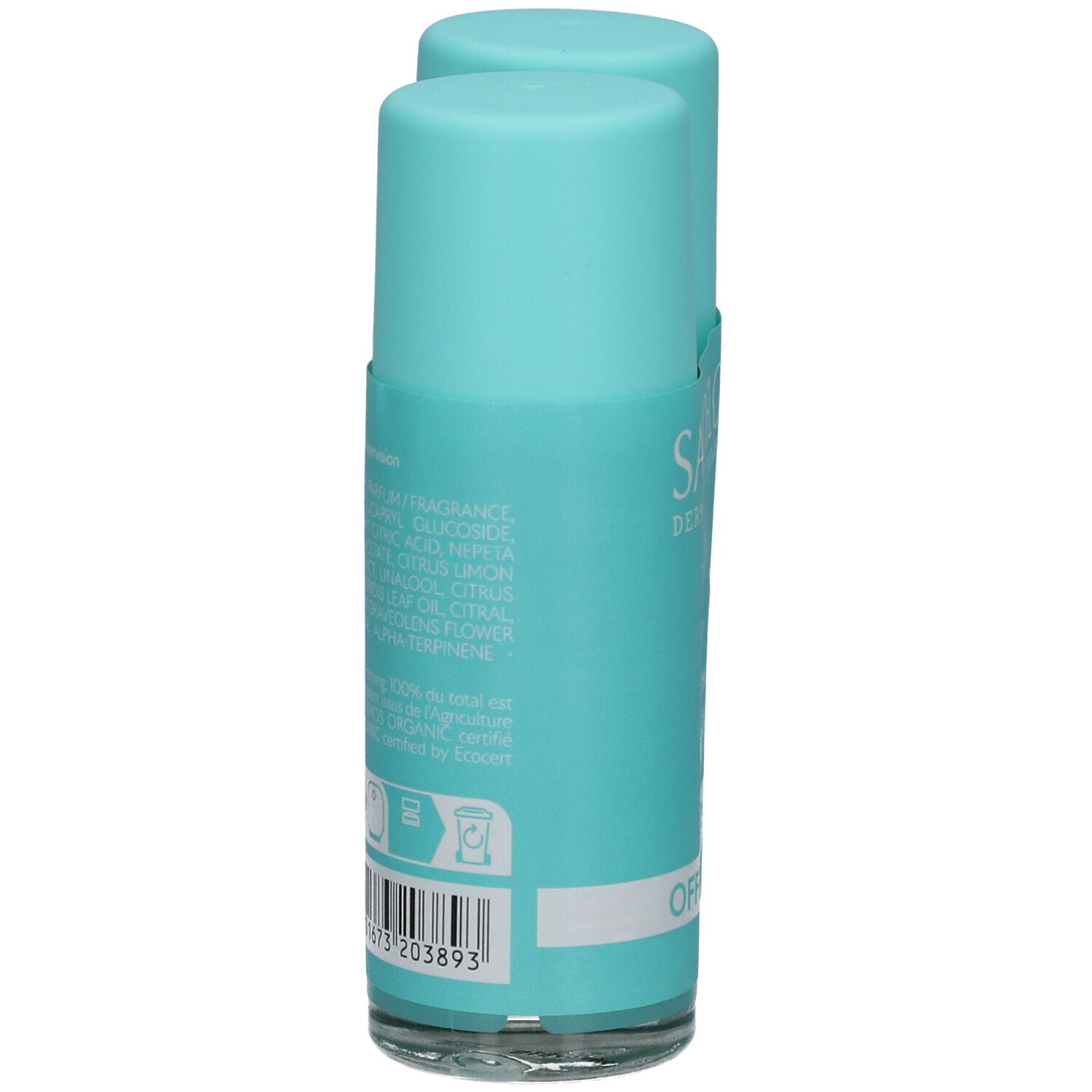 Twee turquoise deodorantrollers. Opschrift: SANOFLORE. Achterkant met ingrediënten en barcode. Bio-label.