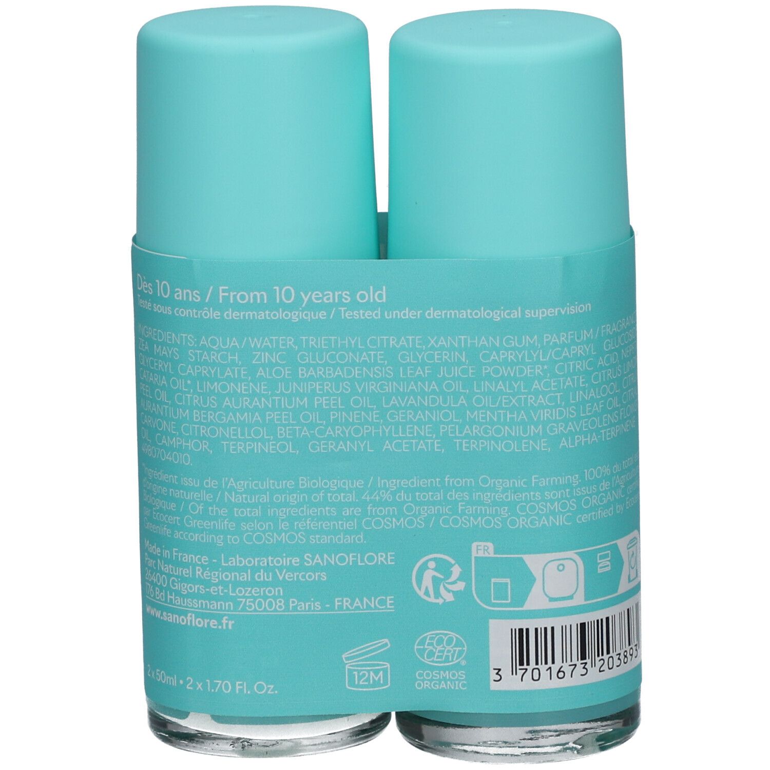 Achterkant van de deodorantverpakking. Ingrediënten, bio-label, adres fabrikant. Opschrift: Dès 10 ans.