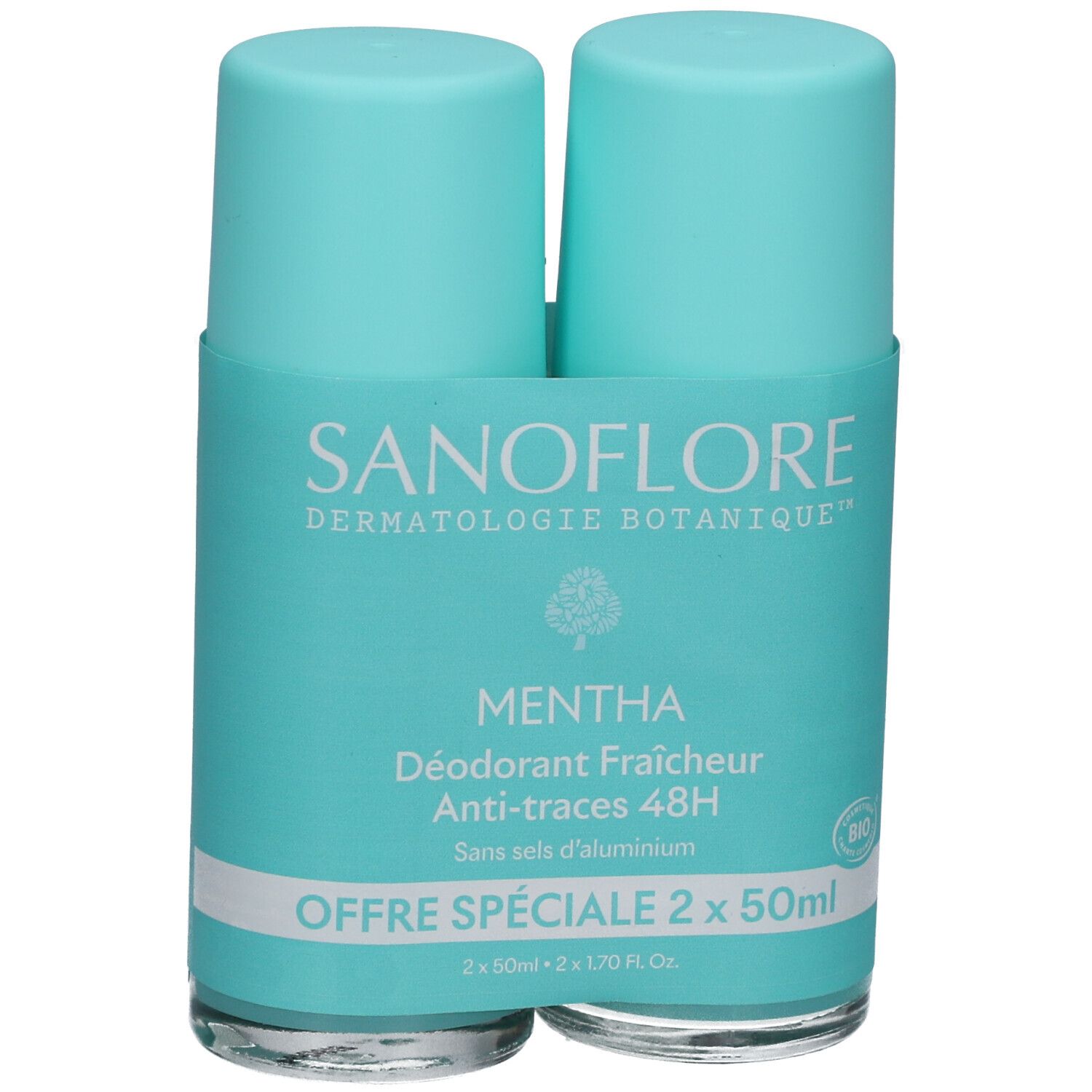 Twee turquoise deodorantrollers. Opschrift: SANOFLORE, MENTHA, 48H, Anti-traces. Bio-label. Offre Spéciale.