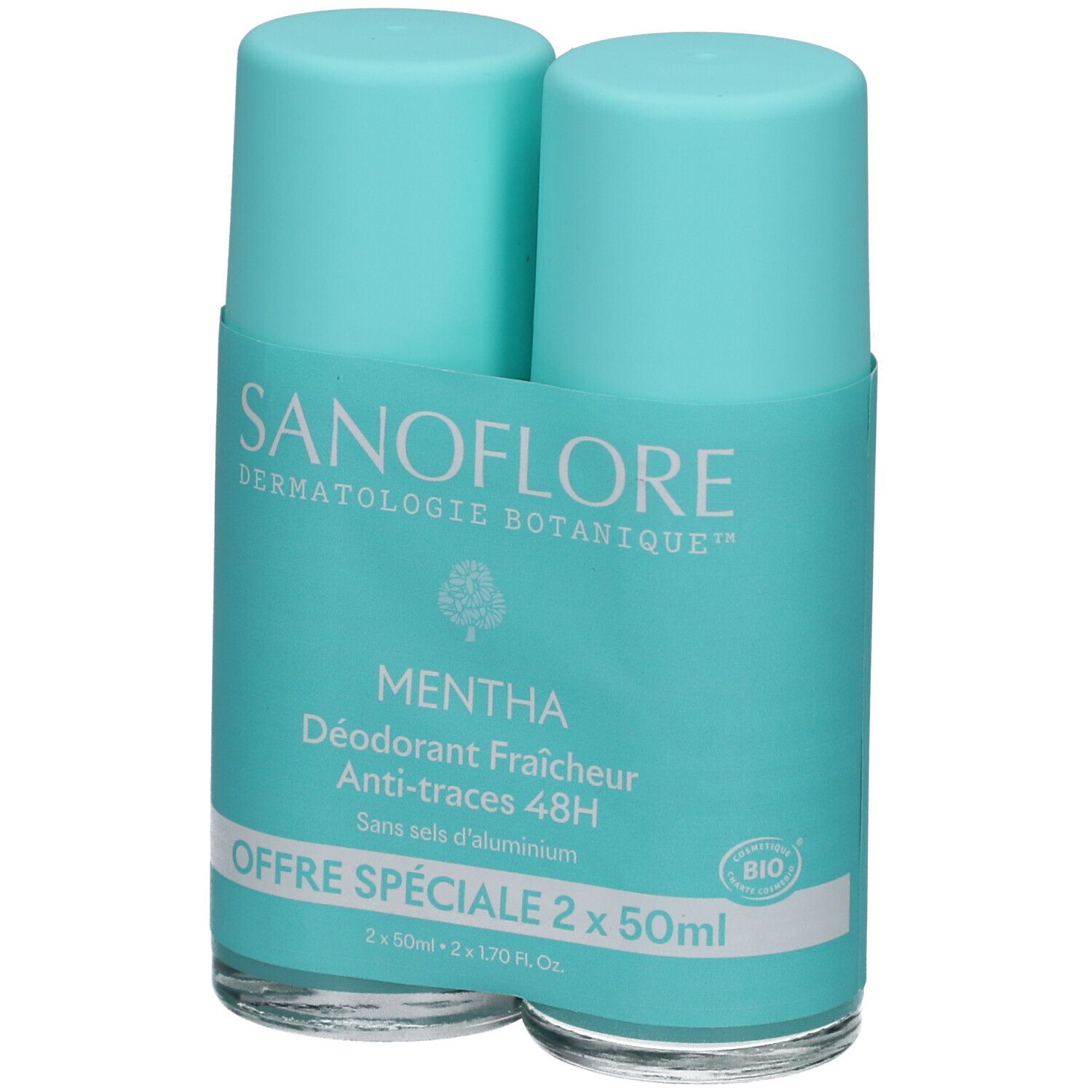 Twee turquoise deodorantrollers. Opschrift: SANOFLORE, MENTHA, 48H, Anti-traces. Bio-label. Offre Spéciale.