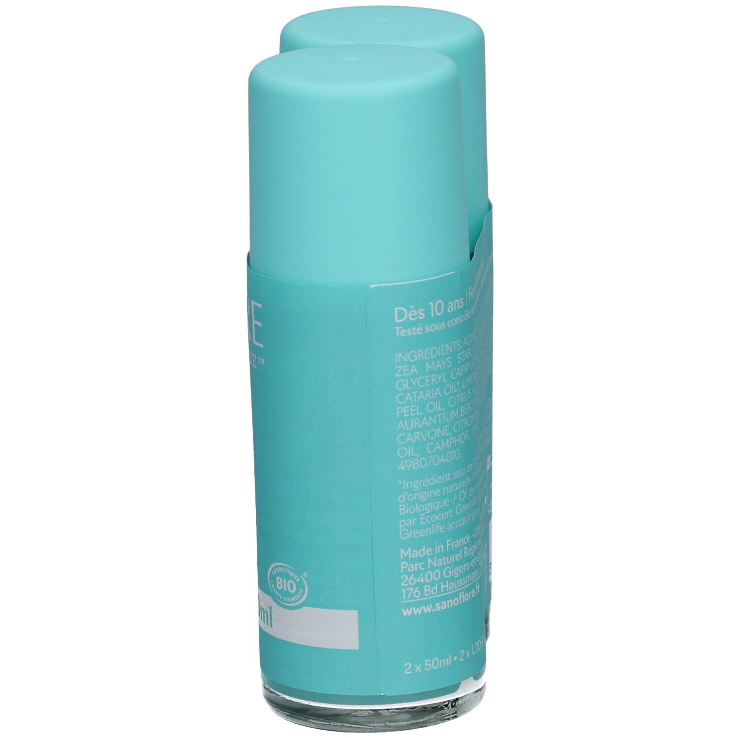 Twee turquoise deodorantrollers. Opschrift: SANOFLORE. Achterkant met ingrediënten en bio-label. Dès 10 ans.