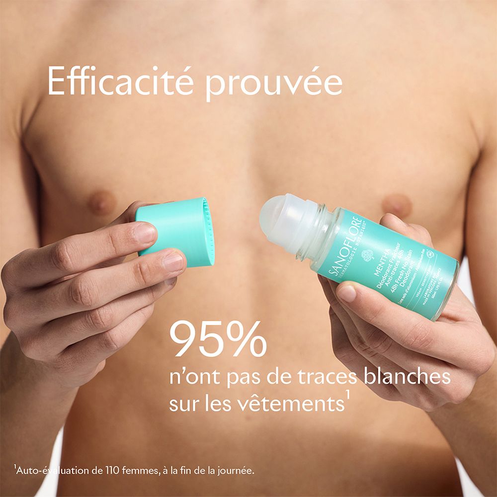 Homme tenant un déodorant roll-on. Texte : Efficacité prouvée. 95% pas de traces blanches sur les vêtements.