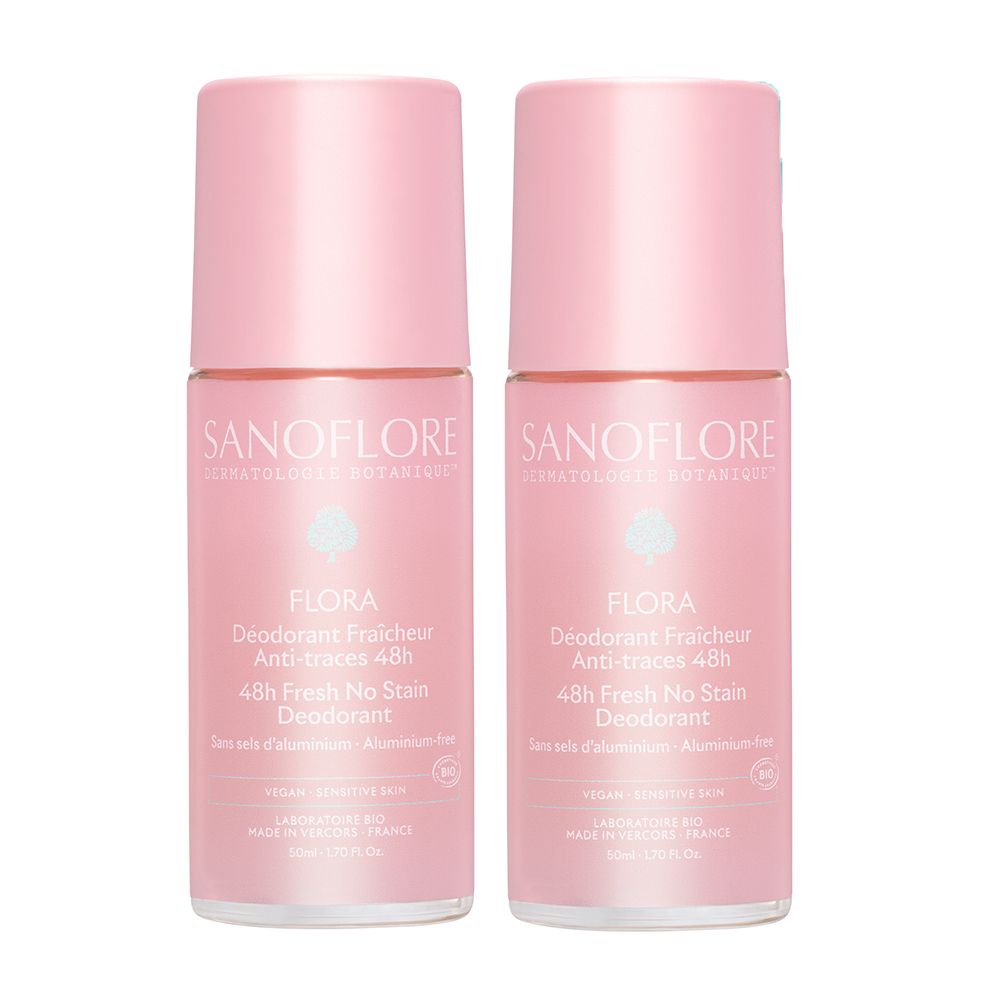 Deux déodorants roll-on roses Sanoflore. Inscription: Flora, 48h, sans aluminium. Certification bio.