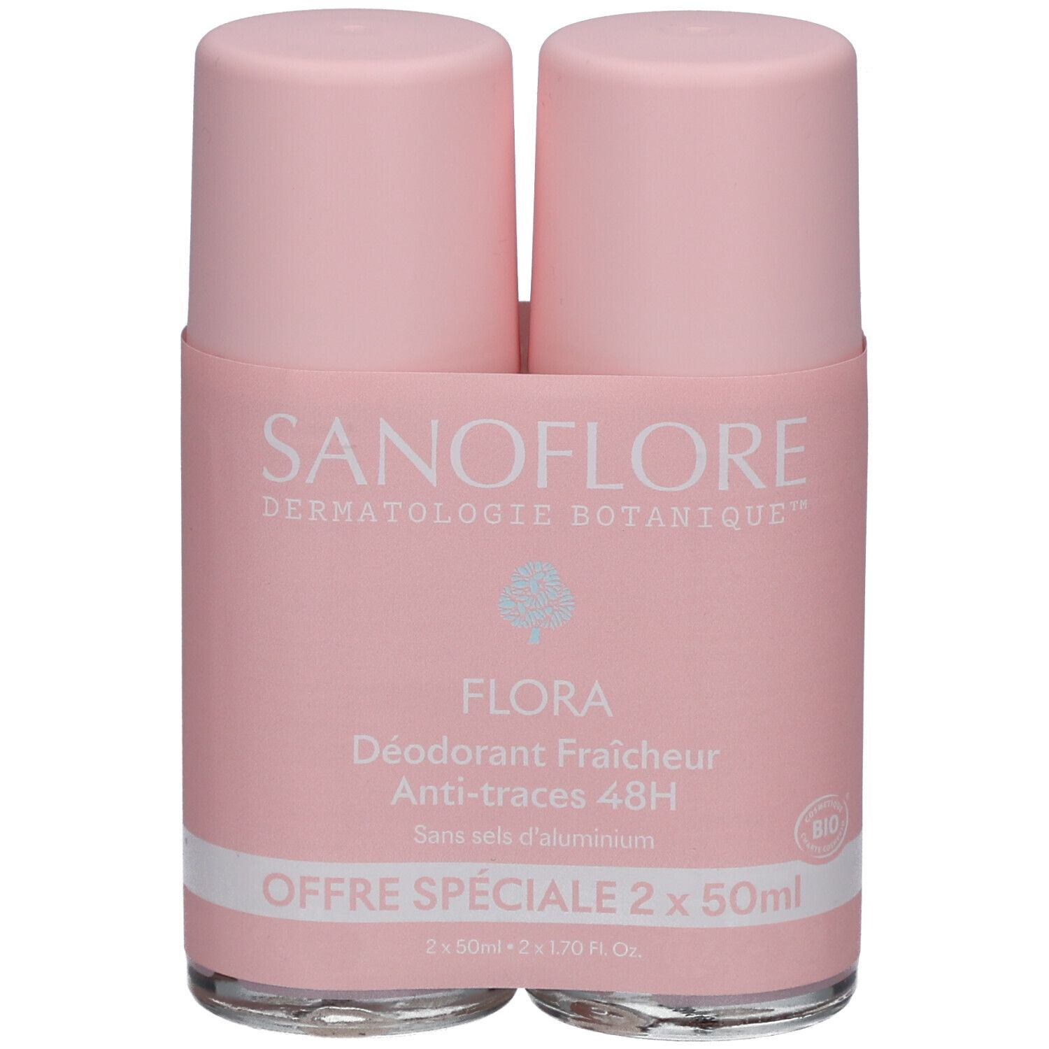 Twee roze roll-on deodorants in verpakking. Opschrift: SANOFLORE, FLORA, 48h, Anti-traces. Speciale aanbieding 2 x 50ml.