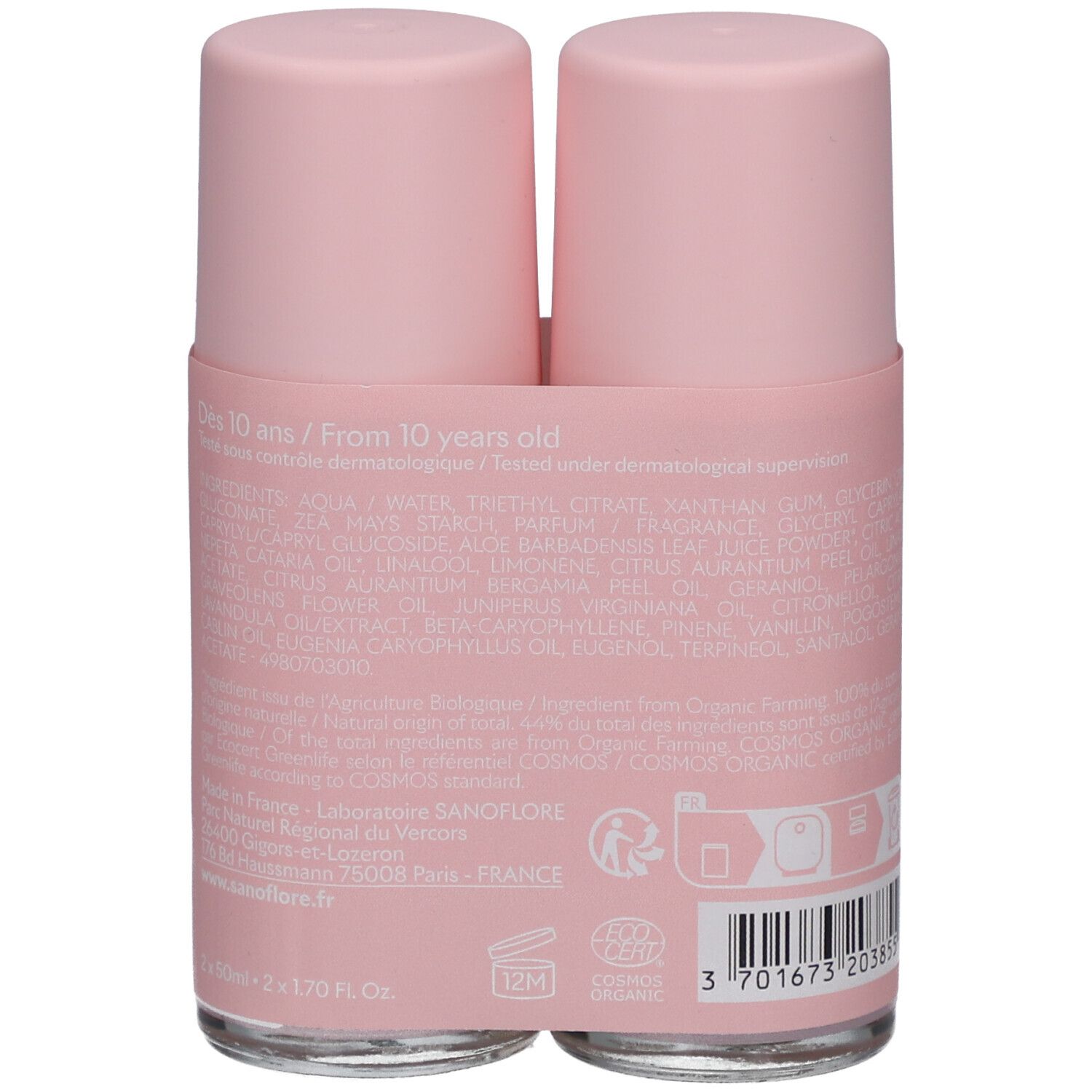 Achterkant van de verpakking met ingrediënten en informatie. Bio-certificering. Barcode en fabrikantenadres.