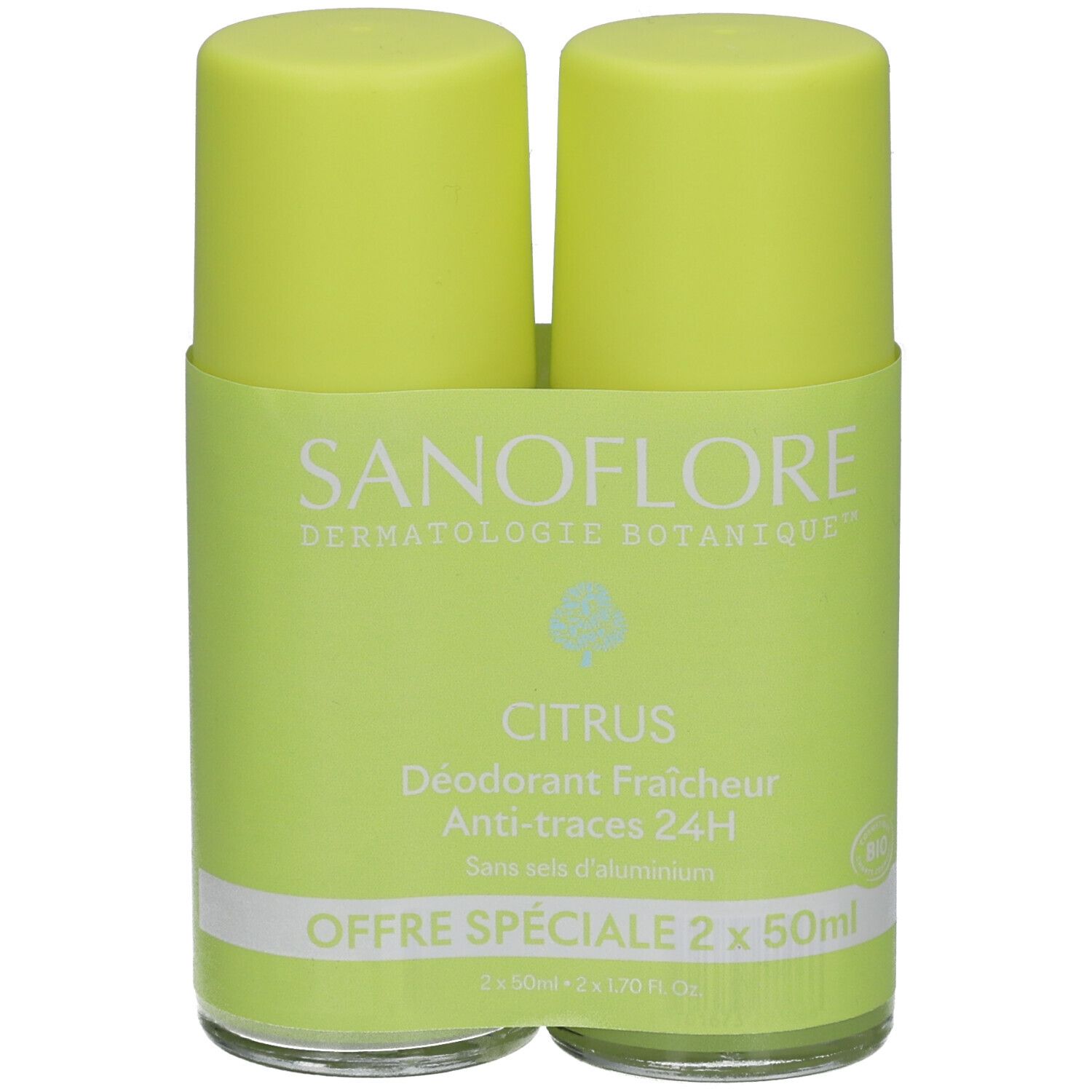 Twee groene roll-on deodorants. Opschrift: SANOFLORE, Citrus, Anti-traces 24h. Speciale aanbieding: 2 x 50ml.