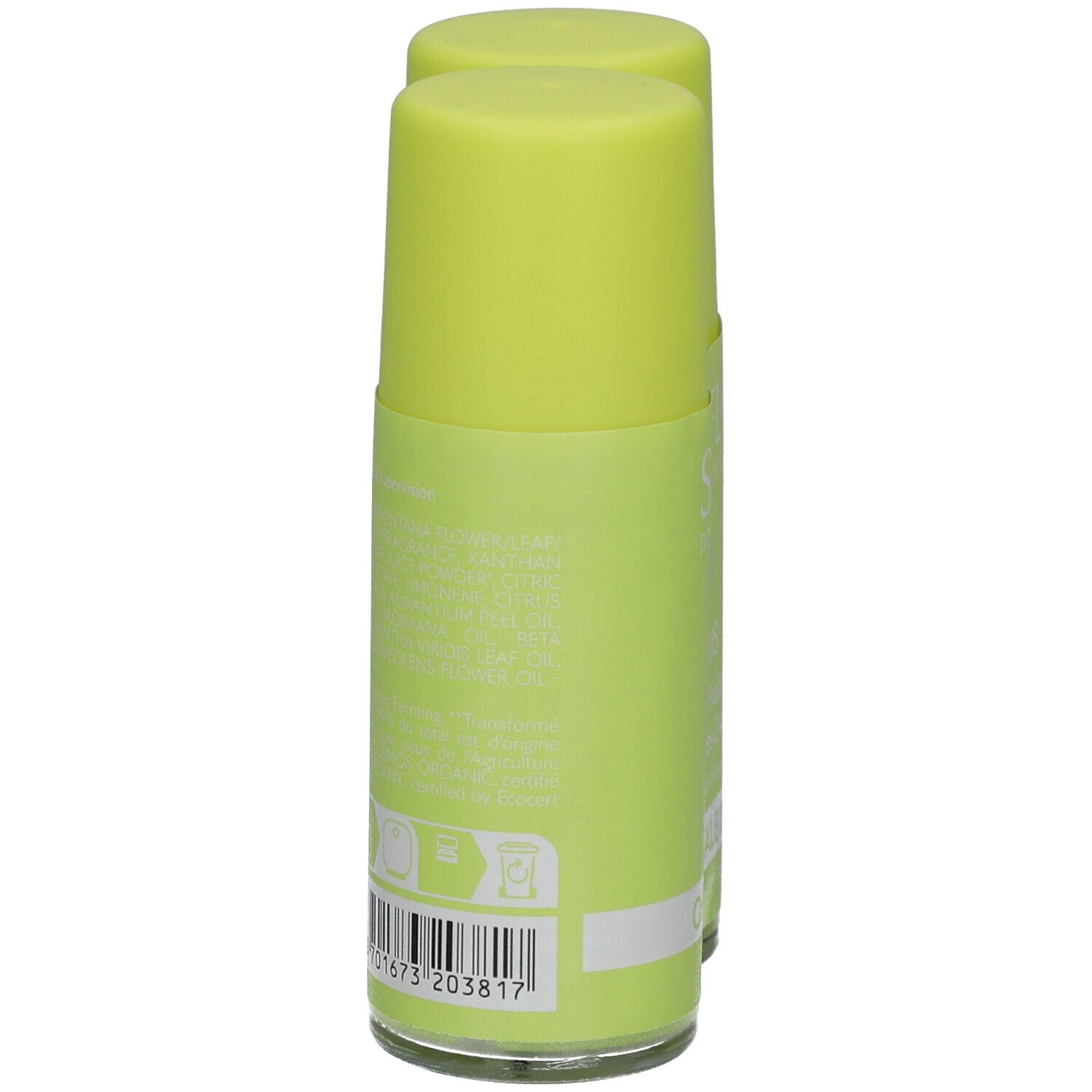 Twee groene roll-on deodorants. Achterkant met tekst en barcode. Opschrift: SANOFLORE. Zonder aluminiumzouten.