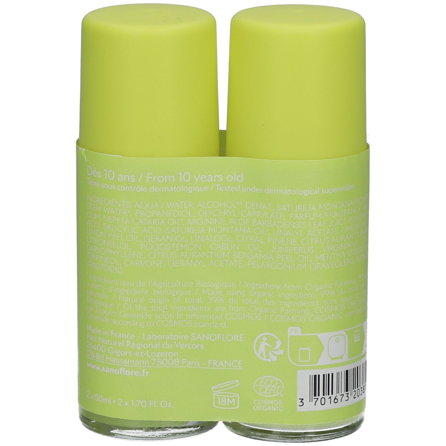 Achterkant van de groene verpakking met tekst en barcode. Opschrift: SANOFLORE, Citrus. Met bio-certificering.