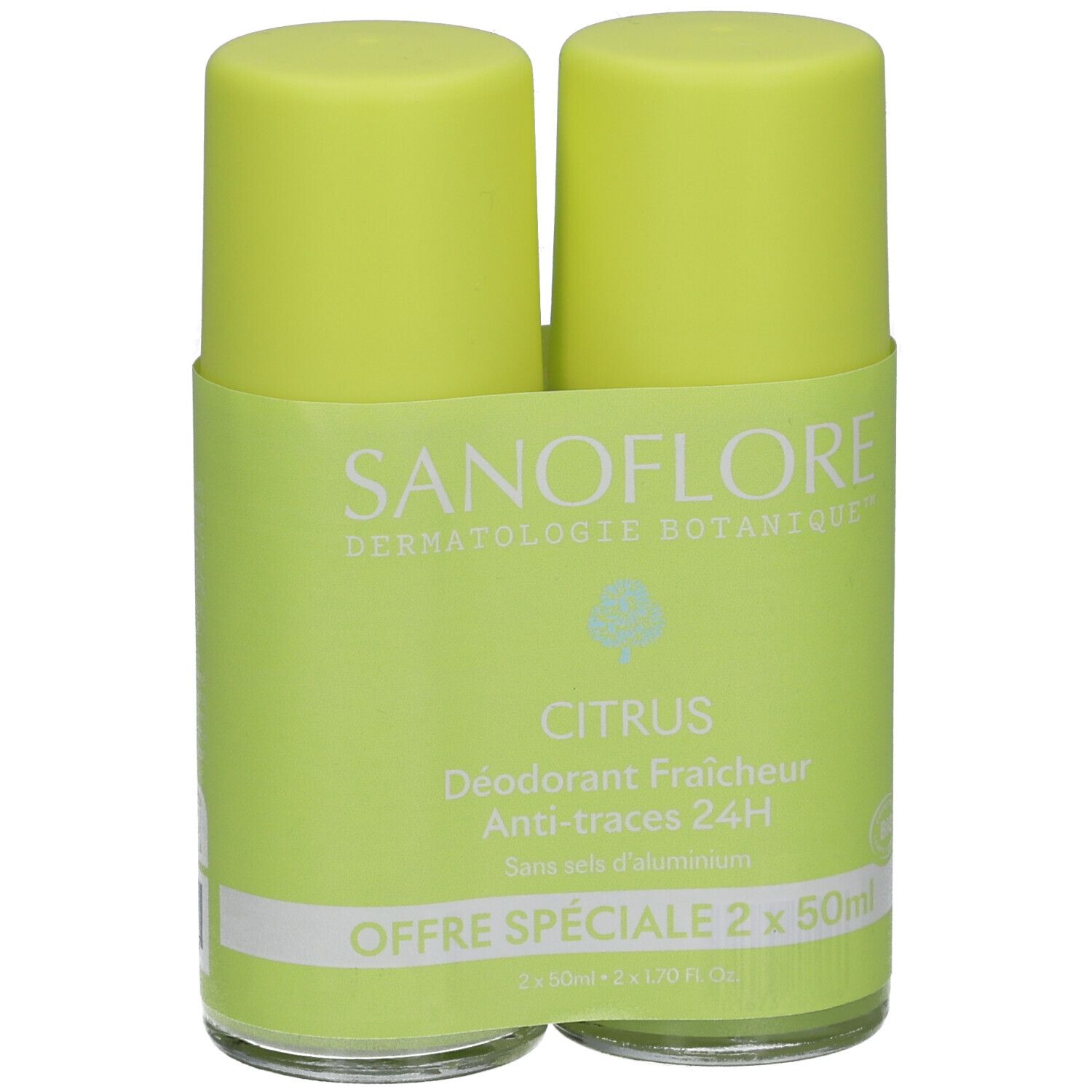 Twee groene roll-on deodorants. Opschrift: SANOFLORE, Citrus, Anti-traces 24h. Speciale aanbieding: 2 x 50ml.