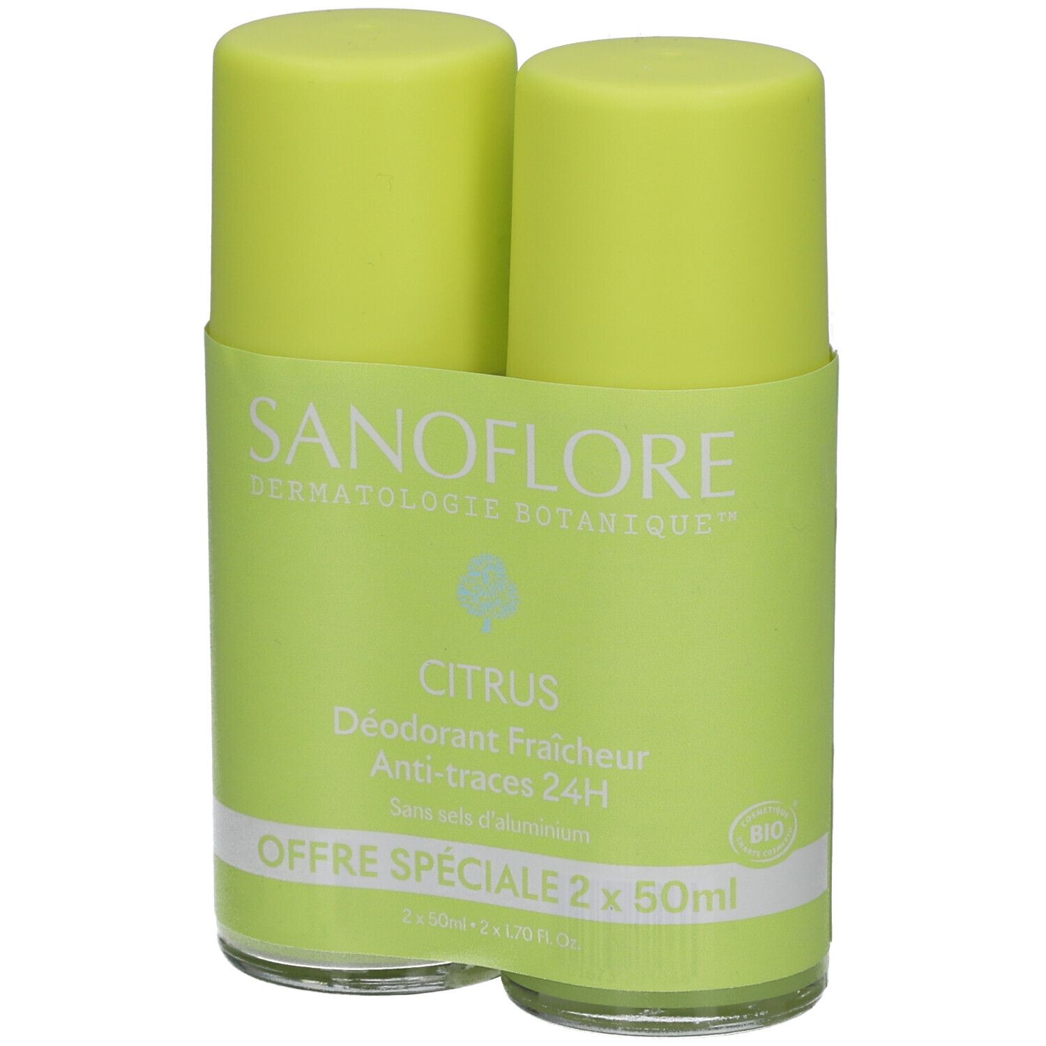 Twee groene roll-on deodorants. Opschrift: SANOFLORE, Citrus, Anti-traces 24h. Met bio-certificering.