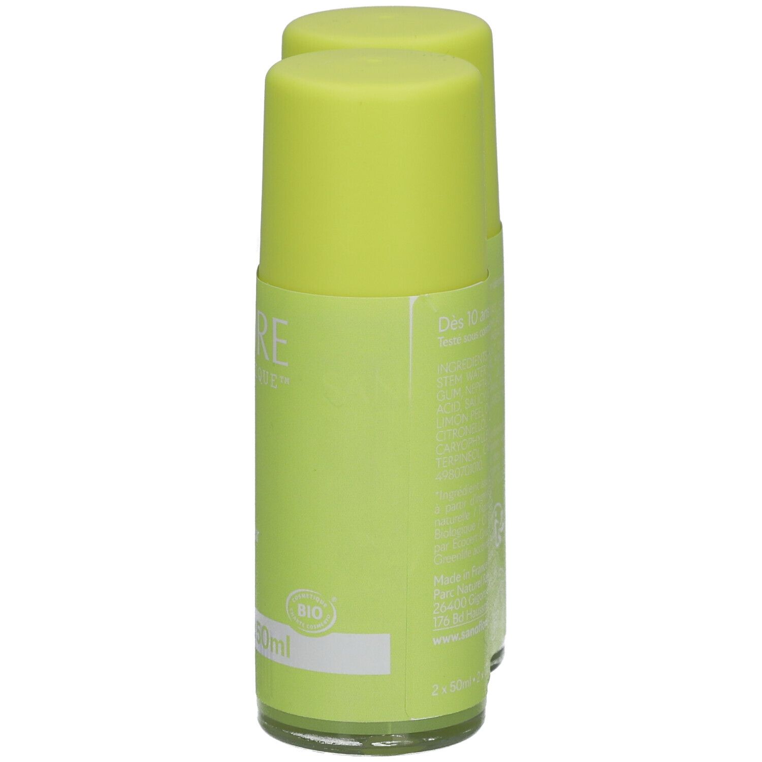 Twee groene roll-on deodorants. Opschrift: SANOFLORE, bio-certificering. Zonder aluminiumzouten.