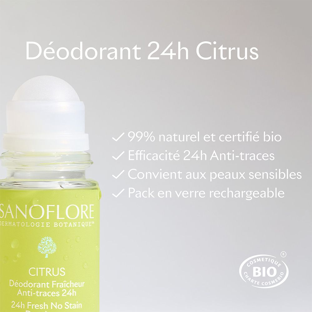 Roll-on deodorant. Tekst: 99% natuurlijk en bio-gecertificeerd, 24u anti-vlekken effect, geschikt voor gevoelige huid, navulbare glazen verpakking.