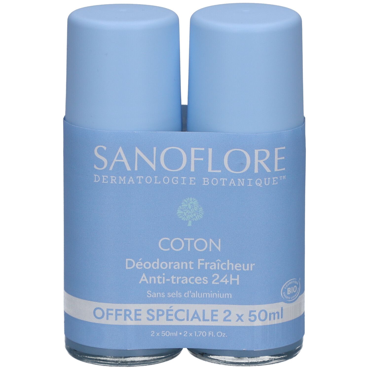 Twee blauwe roll-on deodorants in een houder. Opschrift: SANOFLORE, COTON, Déodorant Fraîcheur 24H, Anti-traces, Offre Spéciale.