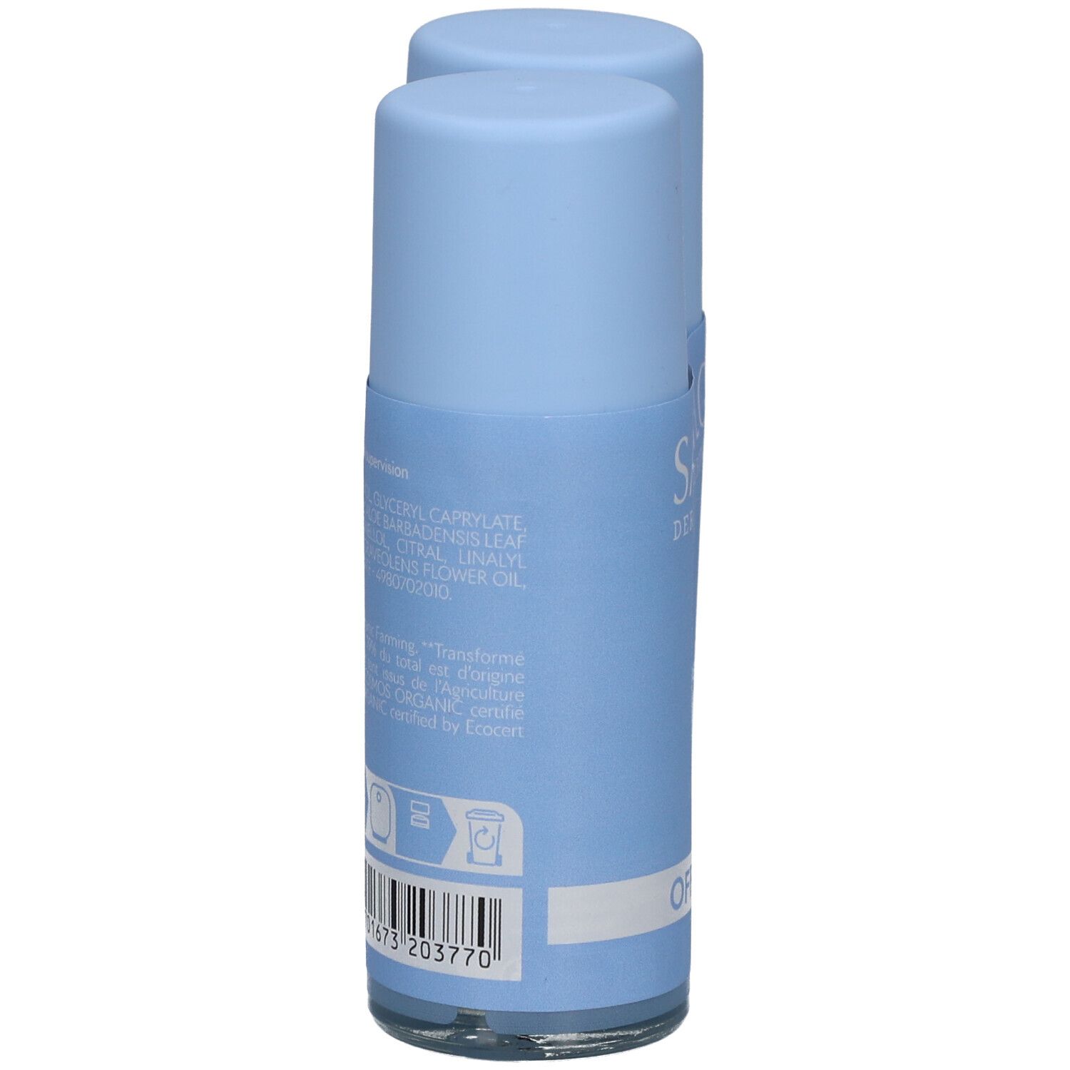 Twee blauwe roll-on deodorants. Ingrediënten en informatie op de zijkant. Met barcode.