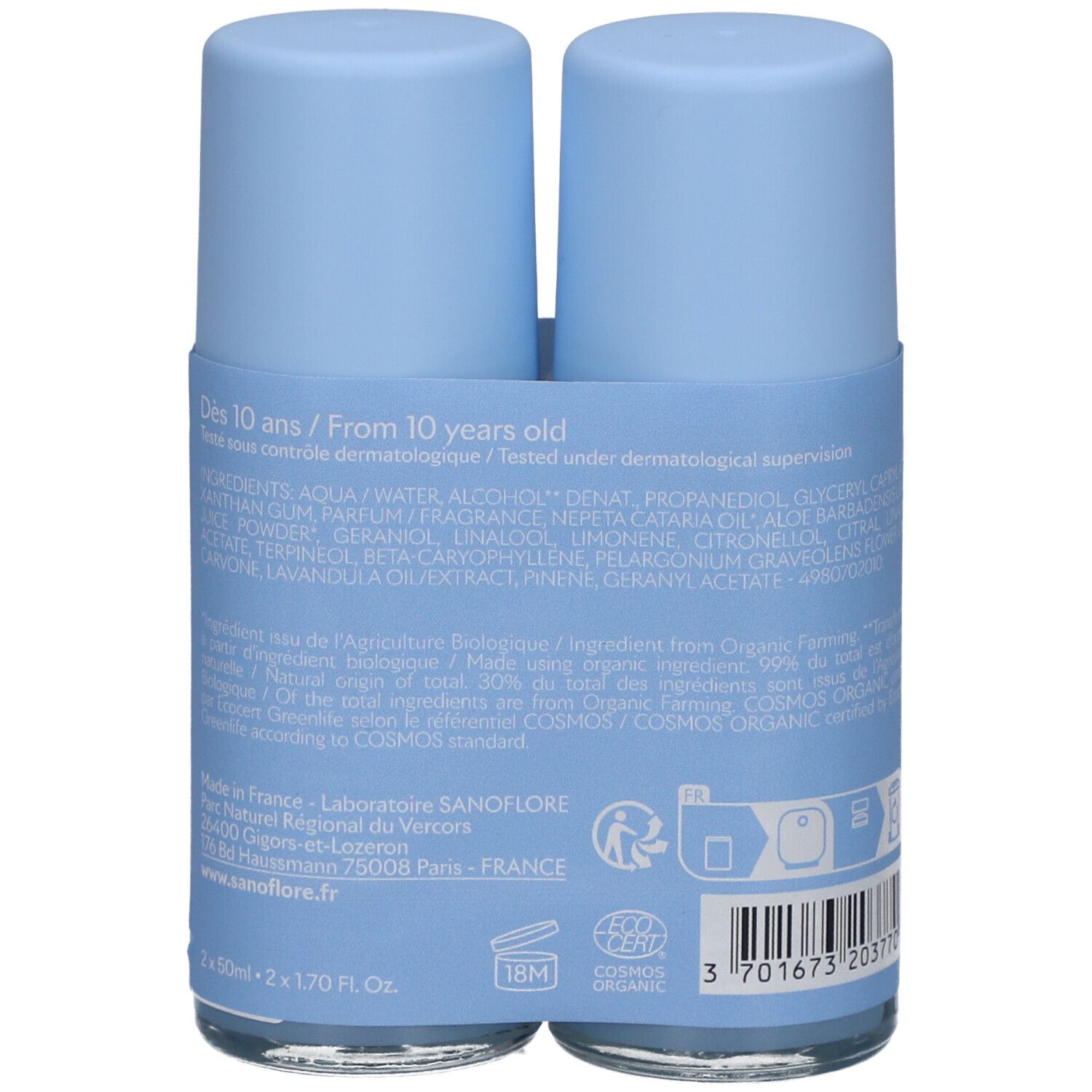Achterkant van twee blauwe roll-on deodorants. Tekst: ingrediënten, informatie, COSMOS ORGANIC certificering.