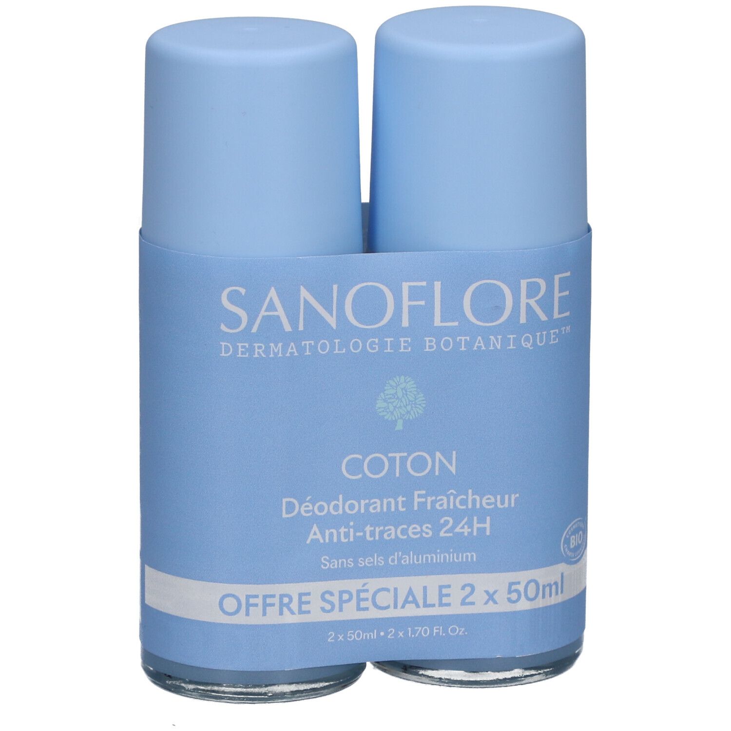 Twee blauwe roll-on deodorants in een houder. Opschrift: SANOFLORE, COTON, Déodorant Fraîcheur 24H, Anti-traces, Offre Spéciale.