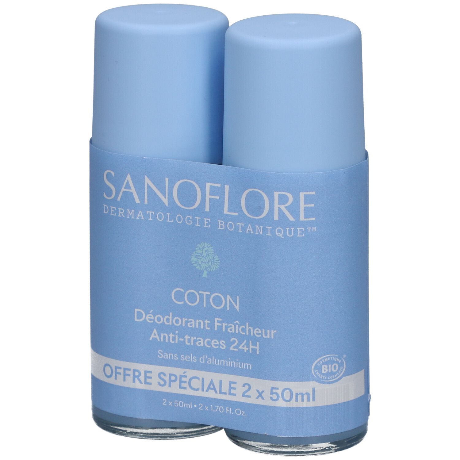 Twee blauwe roll-on deodorants in een houder. Opschrift: SANOFLORE, COTON, Déodorant Fraîcheur 24H, Anti-traces, Offre Spéciale.