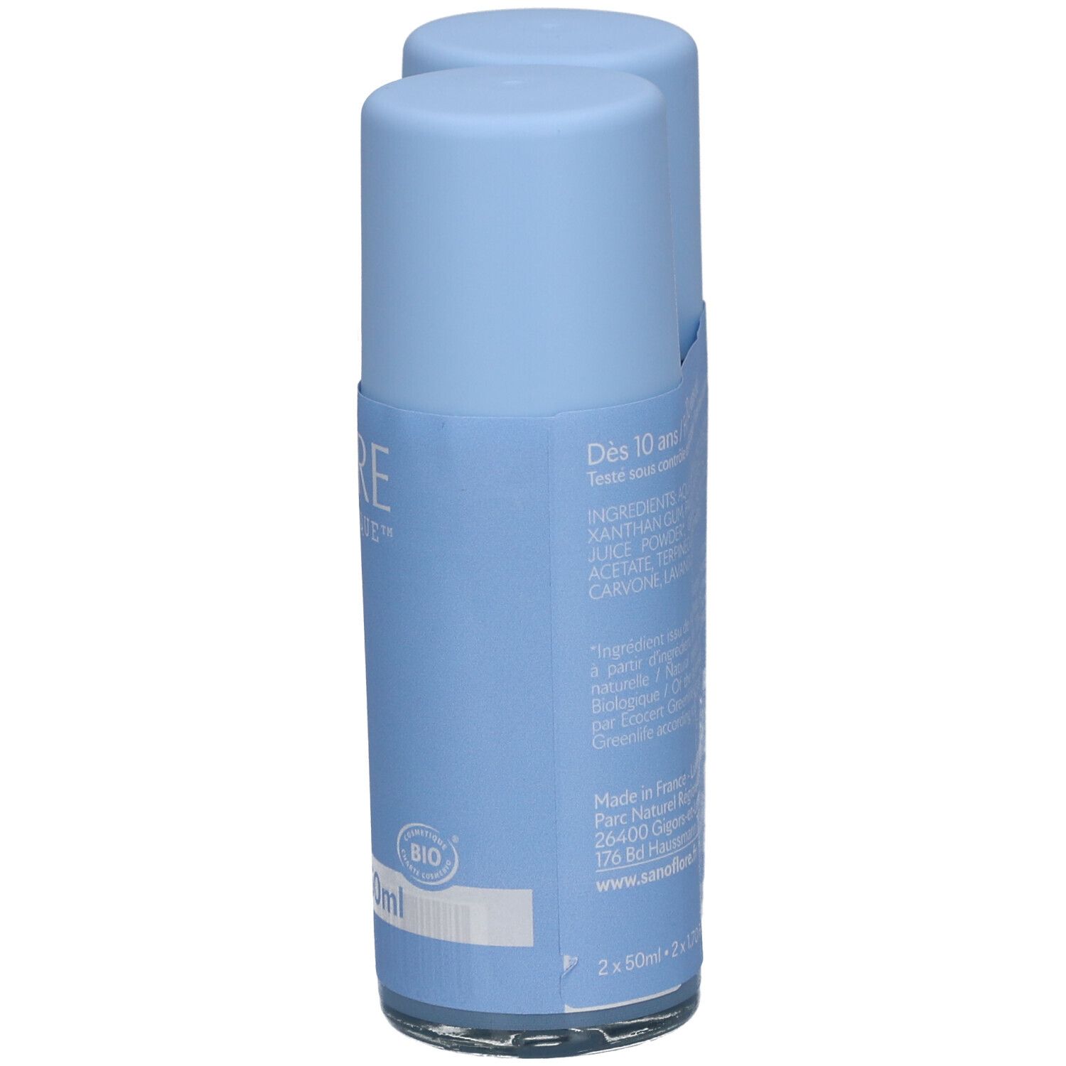 Twee blauwe roll-on deodorants. Ingrediënten en informatie op de zijkant. Met BIO-logo.