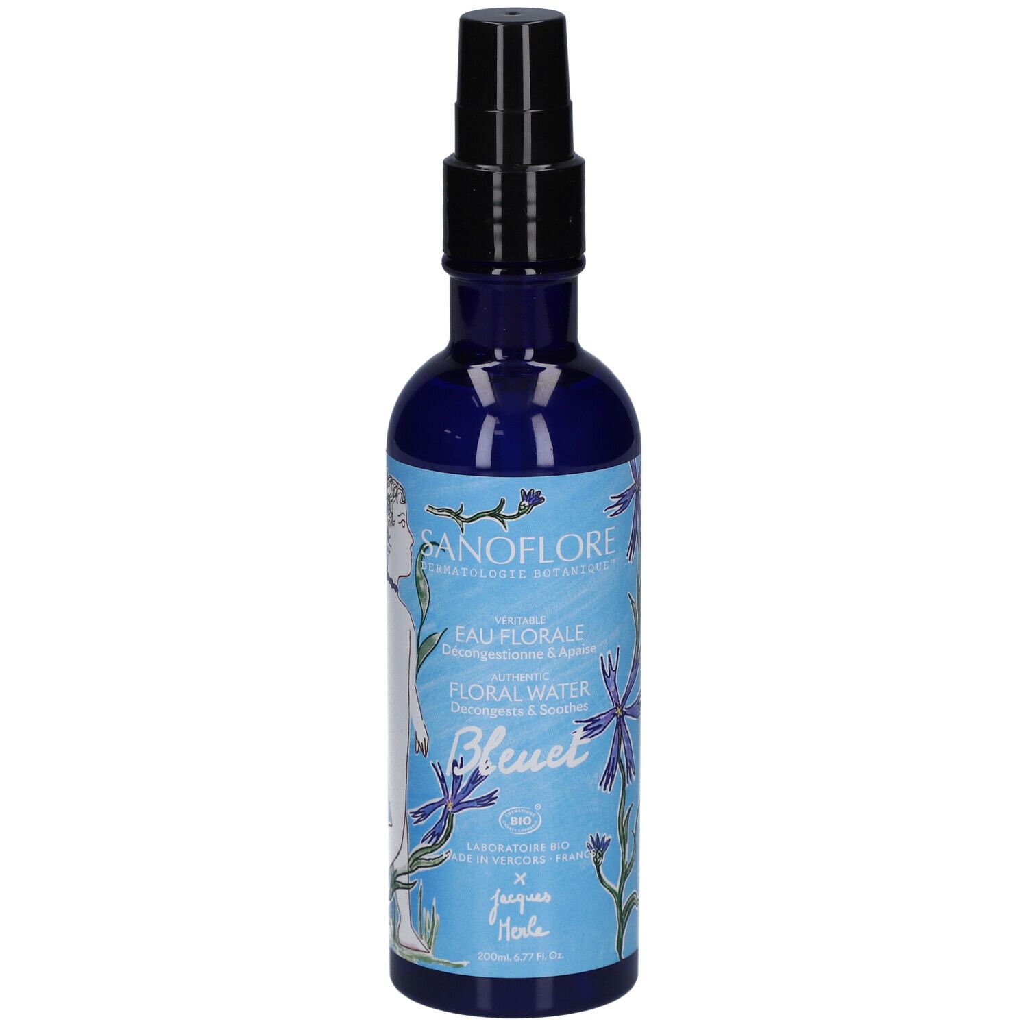 Flacon bleu avec vaporisateur noir. Inscription: SANOFLORE, Eau Florale, Bleuet. Certification bio.