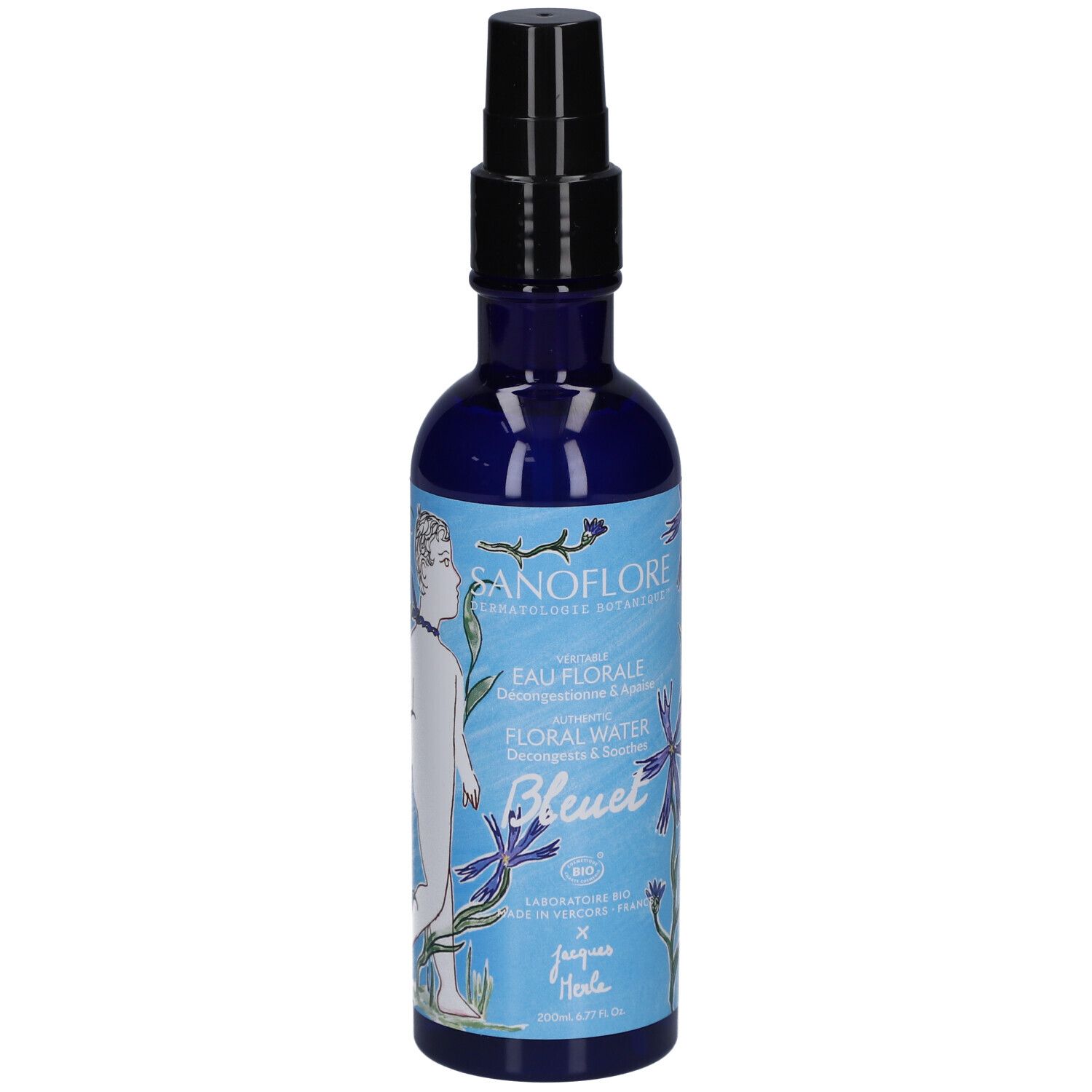 Flacon bleu avec vaporisateur noir. Inscription: SANOFLORE, Eau Florale, Bleuet. Certification bio.