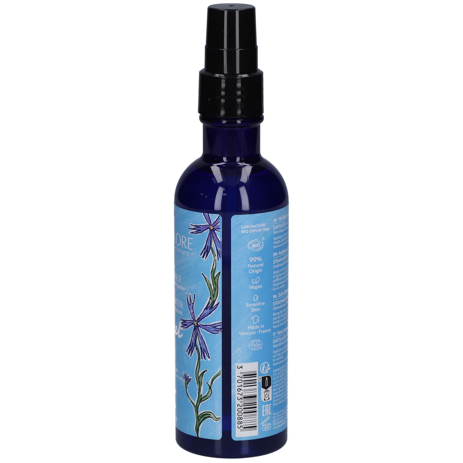 Dos d'un flacon bleu avec vaporisateur noir. Texte et logos.