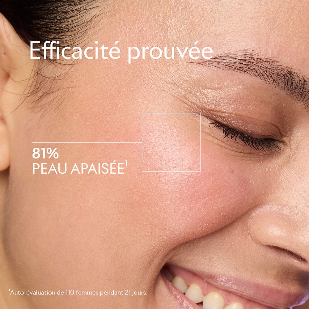 Gros plan sur un visage. Texte : 'Efficacité prouvée' et '81% PEAU APAISÉE'.