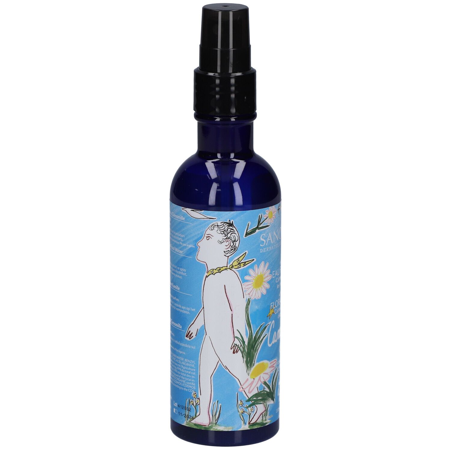 Flacon bleu avec vaporisateur noir. Impression: ange avec marguerites. Texte illisible.