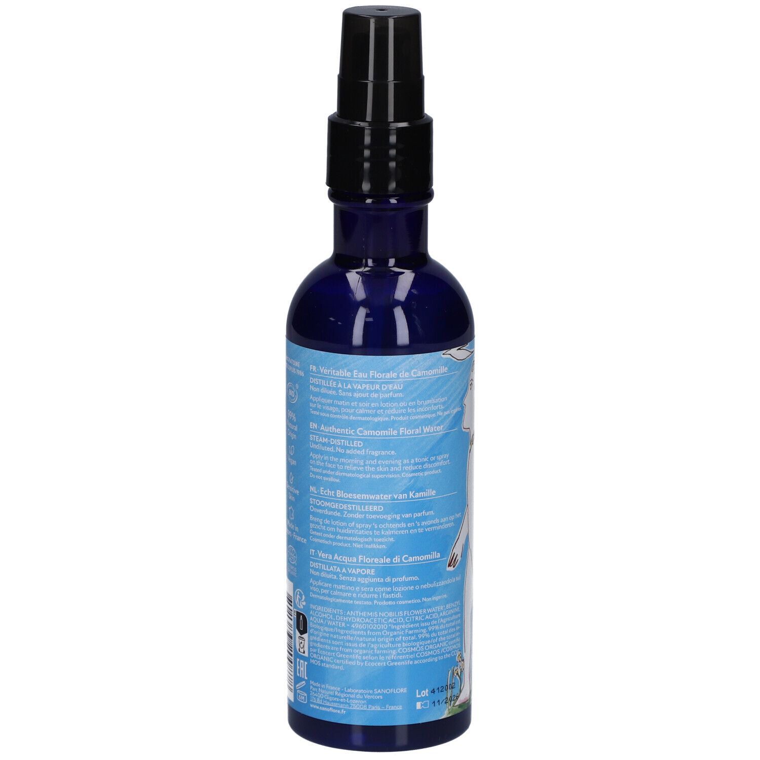 Dos du flacon bleu avec vaporisateur noir. Texte multilingue. Certification bio.